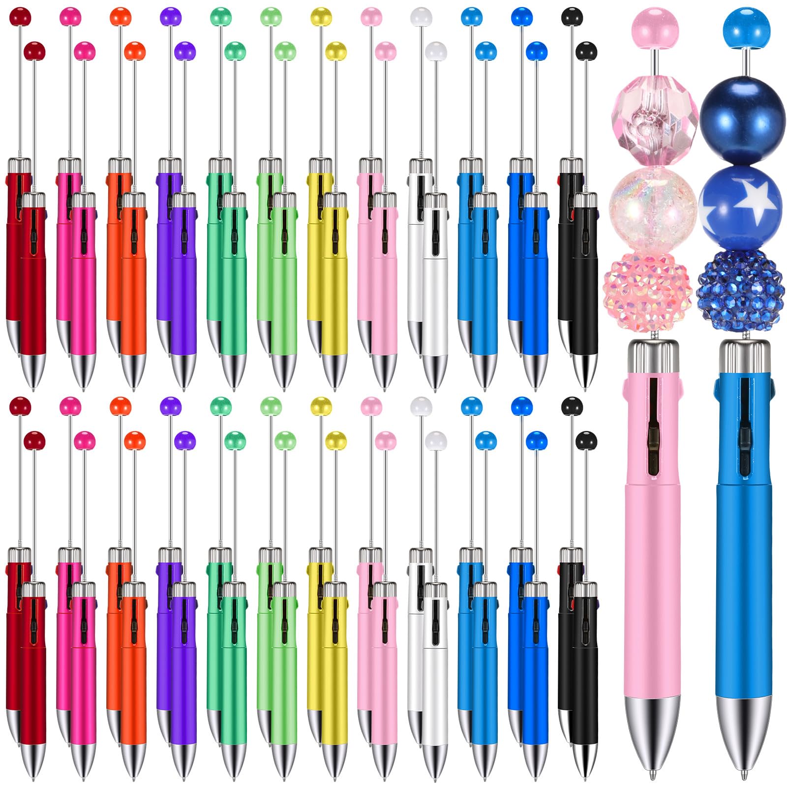 Chivertion 50 Pcs Plastic Beadable Pen Bulk Multicolor 4 in 1 Pens Colored Bead Ballpoint Pen Beaded Pens for DIY Making Kit Gifts(Bright Color)