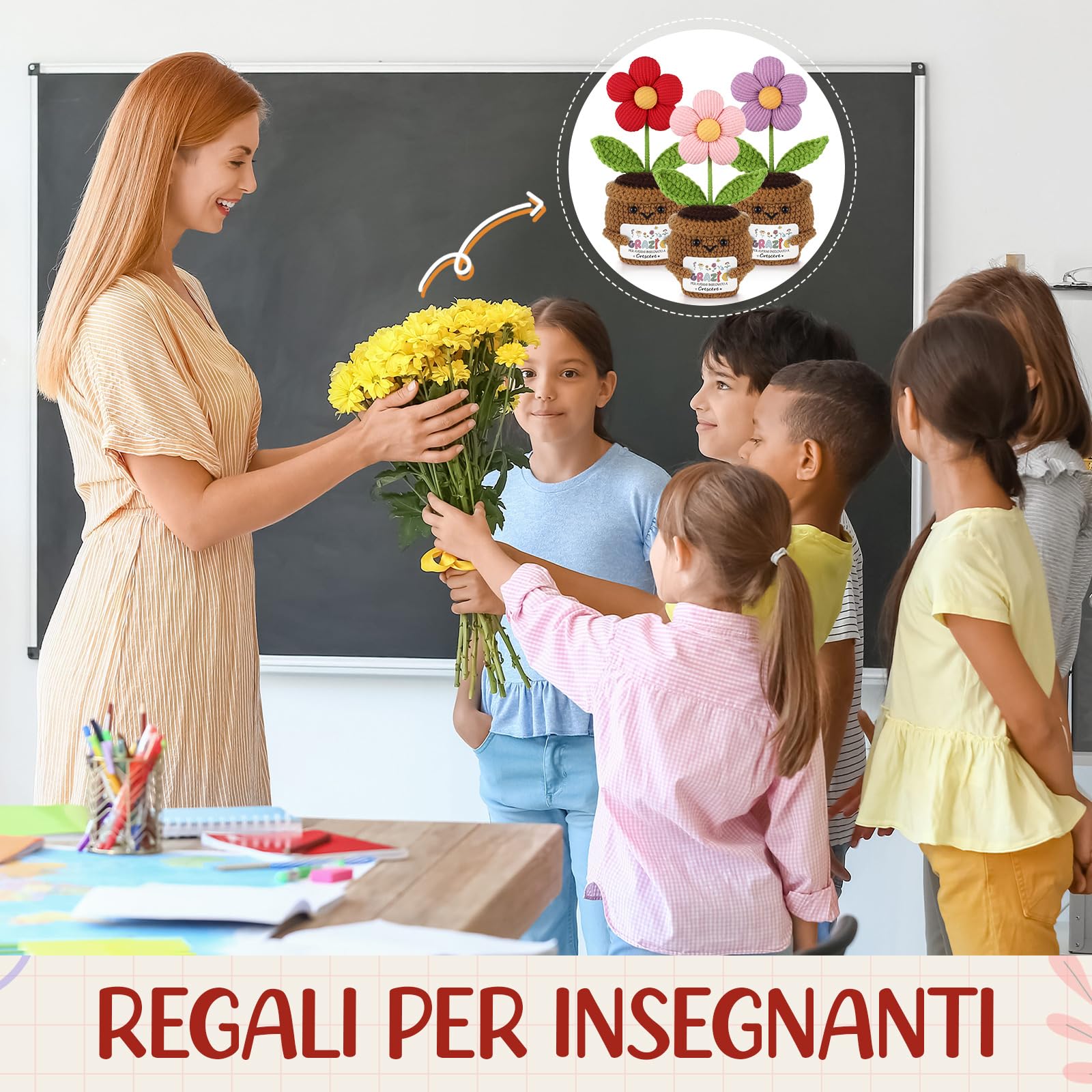 Jetec Regalo per Insegnante 3 Pianta Uncinetto con Fiore 3 Portachiavi con Ciondolo a Forma di Fiore 3 Biglietti di Auguri in Carta Kraft Maestra Feste e Celebrazioni Scolastiche