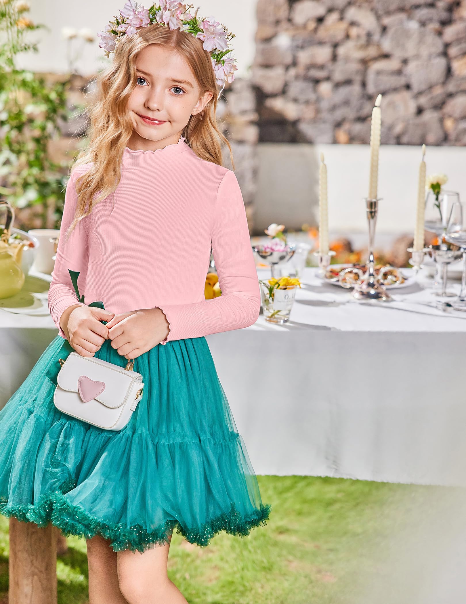 Arshiner Dziewczęca koszulka z długim rękawem, golf, falbanki, jednokolorowa, dziecięca koszulka basic, slim fit, podkoszulek 5-12 lat