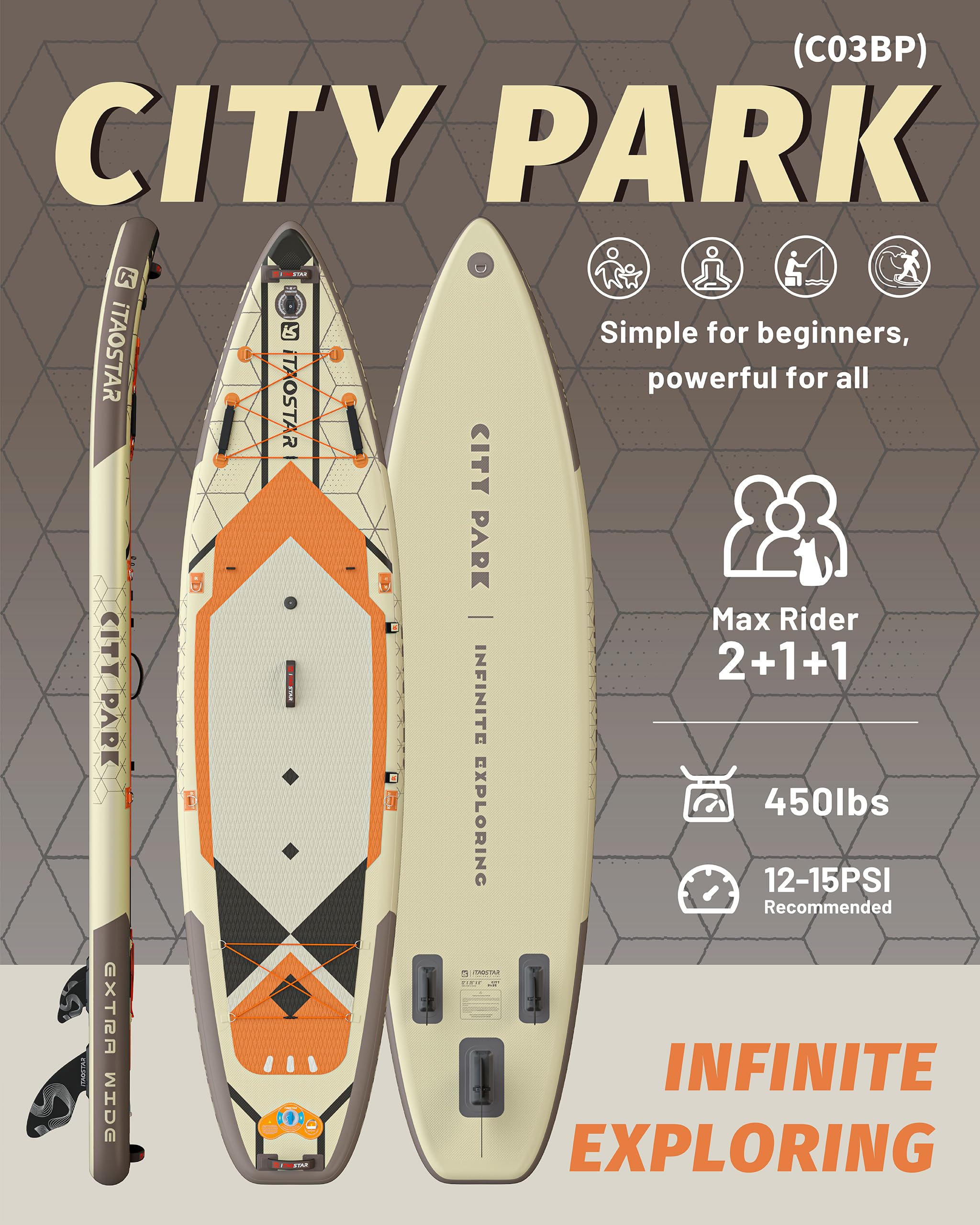 iTAOSTAR C03BP - Tabla de Remo Inflable de 35 Pulgadas de Ancho, Tabla de Surf Inflable más Divertida con 5 Aletas, Tabla de Remo de pie de 12 pies con Accesorios de Sup de Primera Calidad para