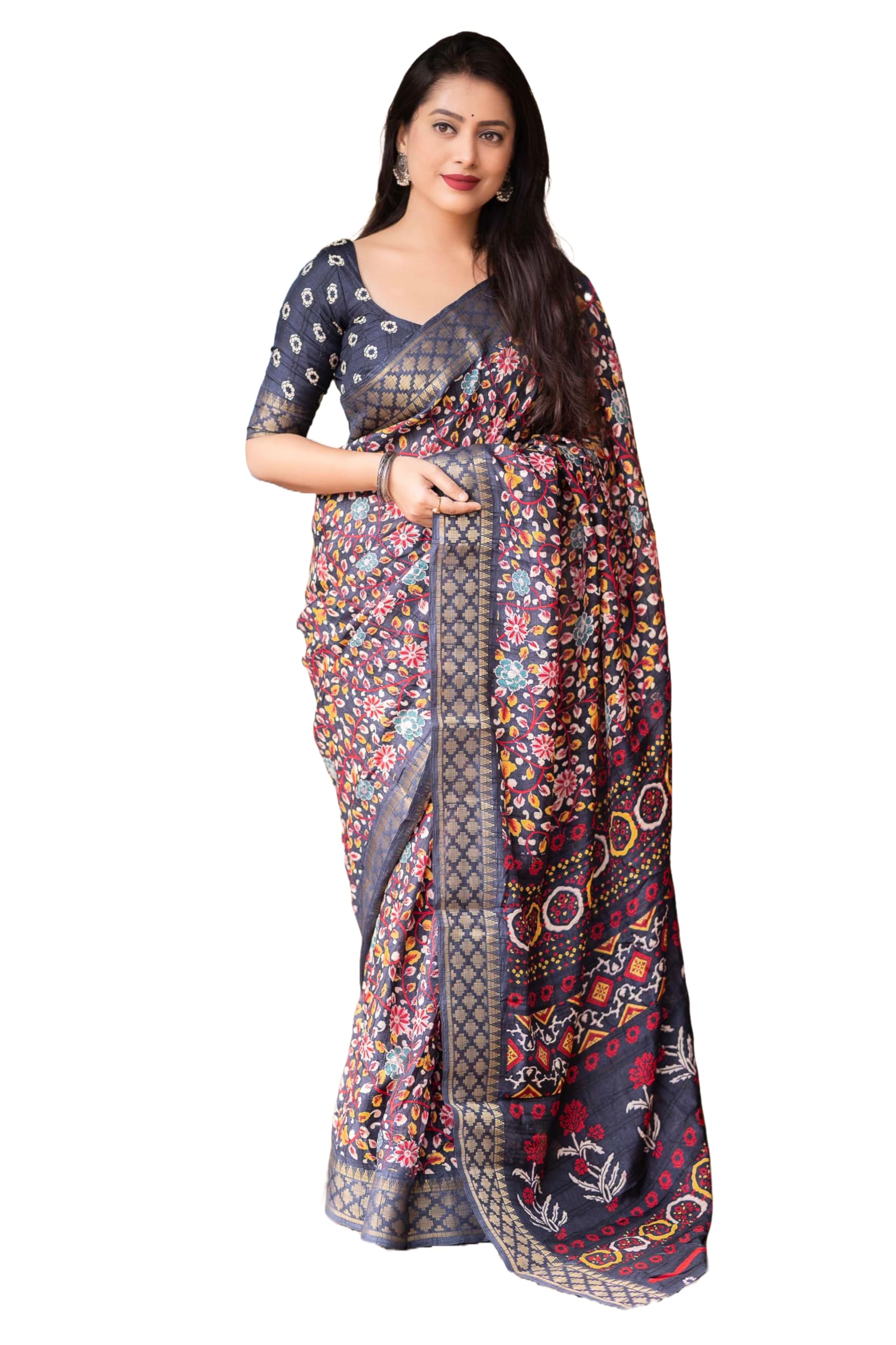 Pandadi Saree Women's Silk Saree With Kalamkari Print Unstitched Blouse Piece.