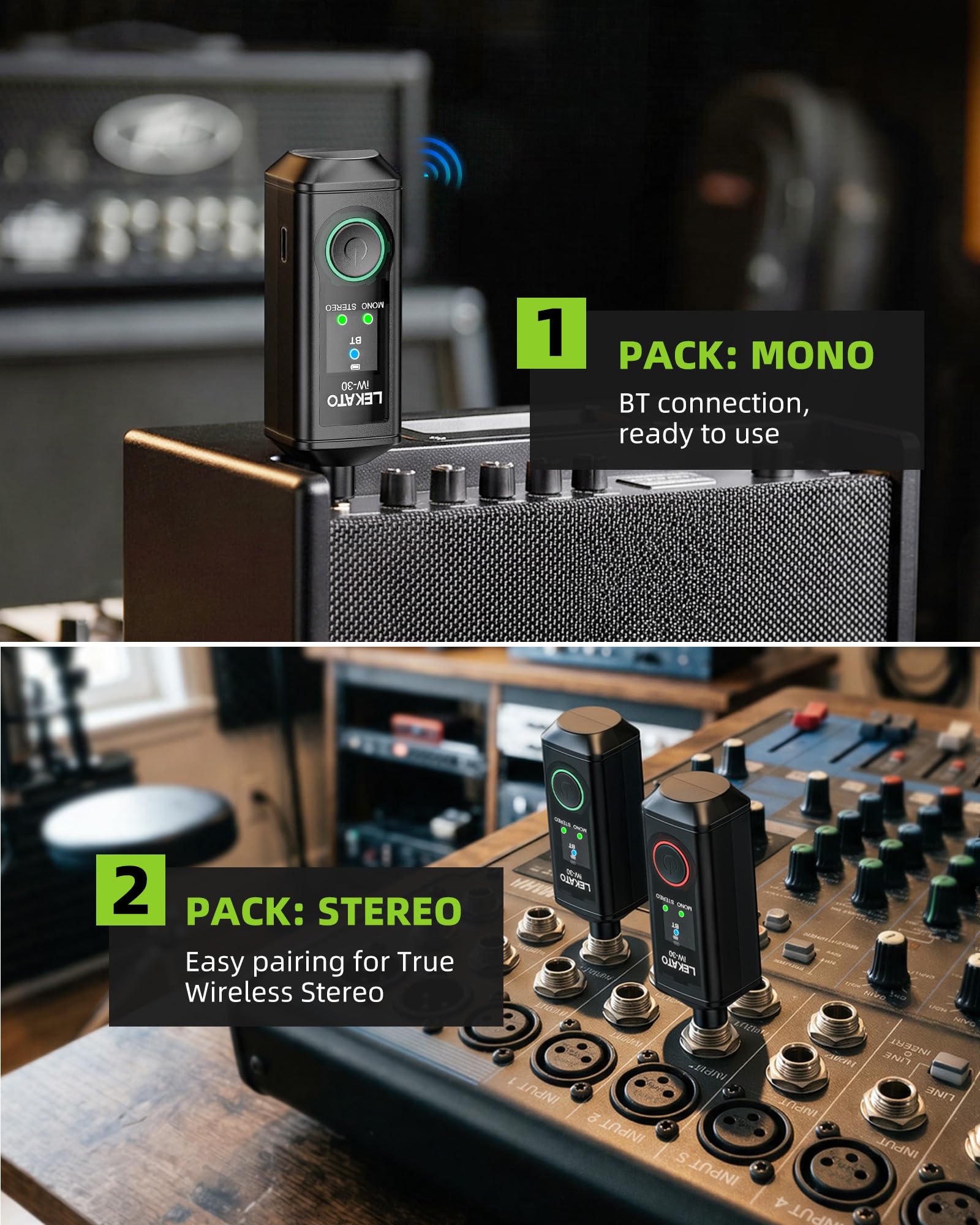 LEKATO iW-30 - Receptor Bluetooth de 6,35 mm, 2 receptores de alta fidelidad con rango de 50 m, receptor de audio inalámbrico estéreo con tiempo de reproducción de 15 horas, modo mono/estéreo