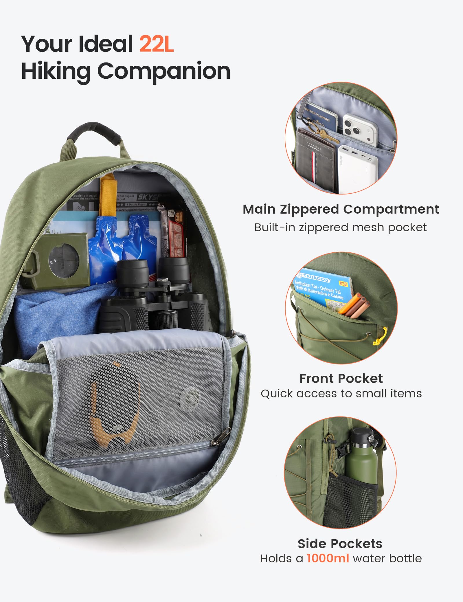 SKYSPER 22L Zaino da Trekking Uomo Donna Zaino Escursionistico | Leggero Zaino Montagna Antifurto in Air Mesh Traspirante per Escursionismo Viaggio Gite Giornaliere