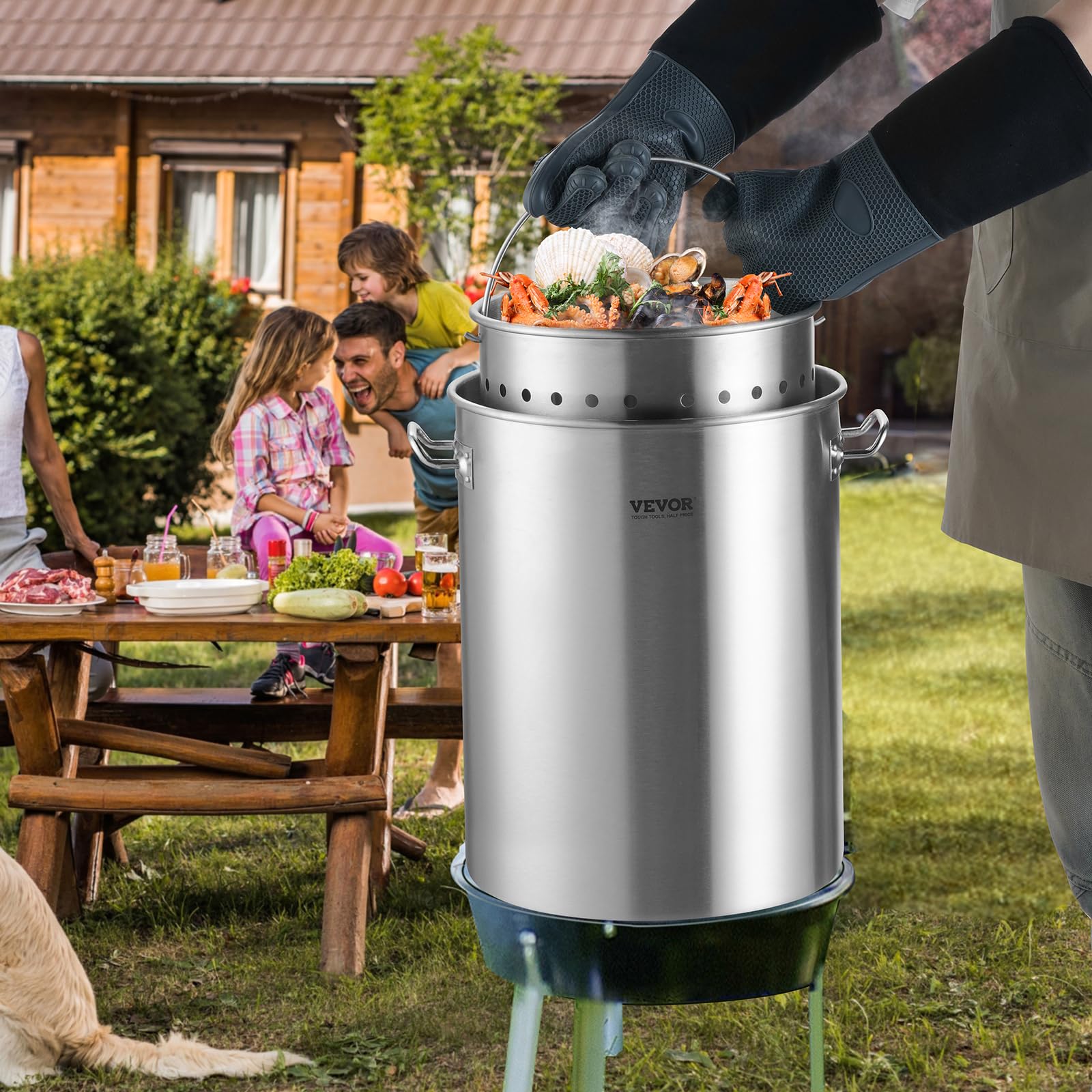 VEVOR Pentola in acciaio inox, pentole da 36 litri, pentola per salsa con cestino, coperchio e manico, pentola resistente di grado commerciale, trattamento levigatura, per cottura a vapore o frittura
