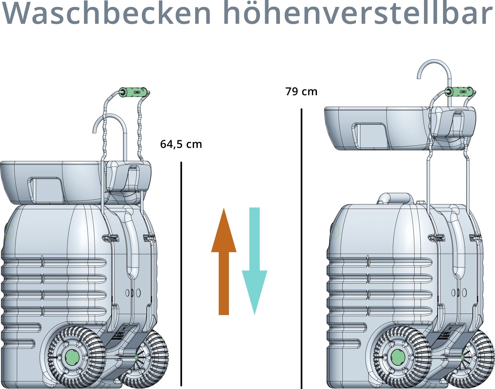 Stagecaptain PSW-45 Quixie Portables Festival Camping-Waschbecken - Mechanische Fußpumpe - Wassertank mit 45 Liter - Höhenverstellbares Spülbecken inklusive Spender für Flüssigseife - hellgrau