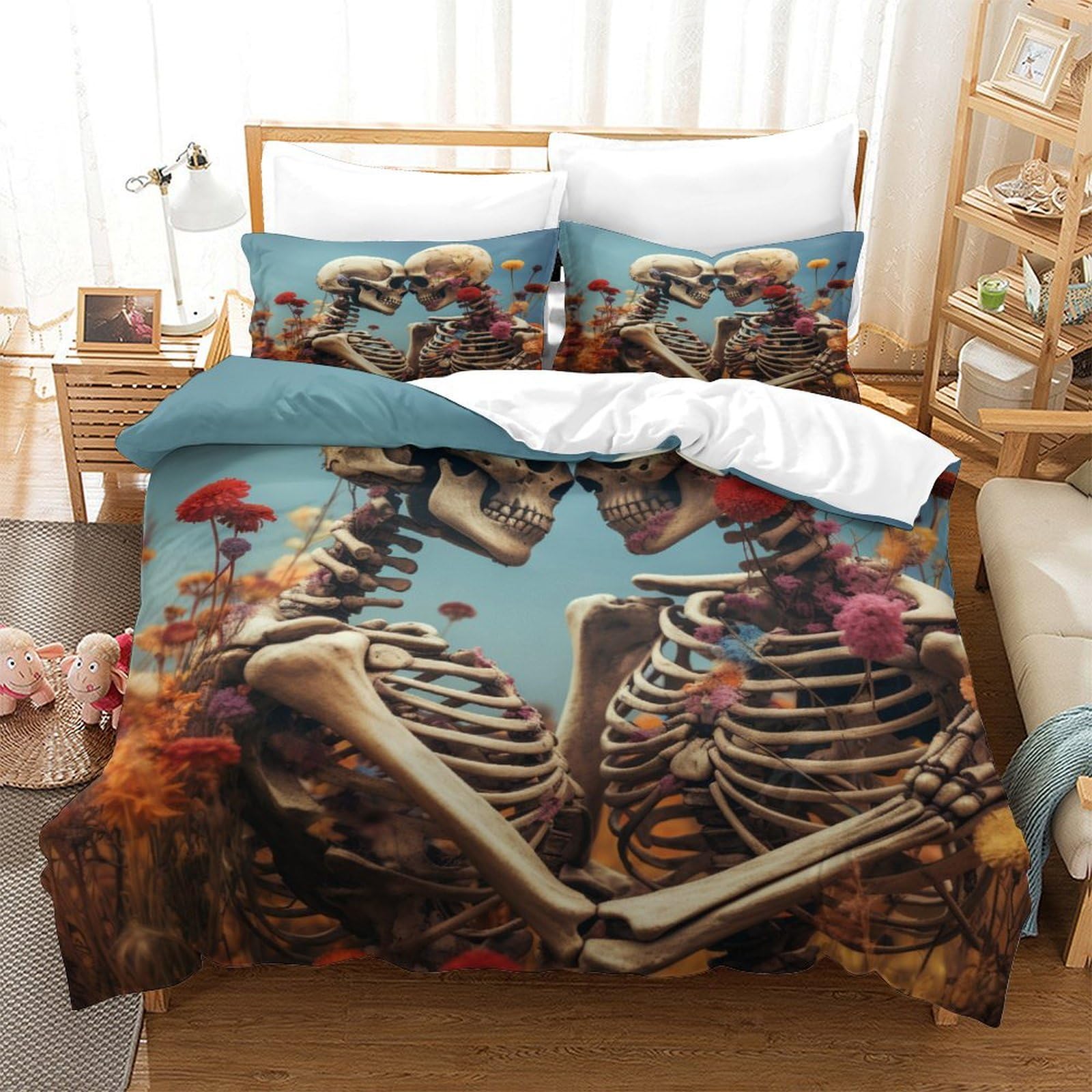 P1S9U7W5Y Romantic Skeleton 3D Printed Duvet Cover Set 3pcs Microfiber Couple Bedding Set King