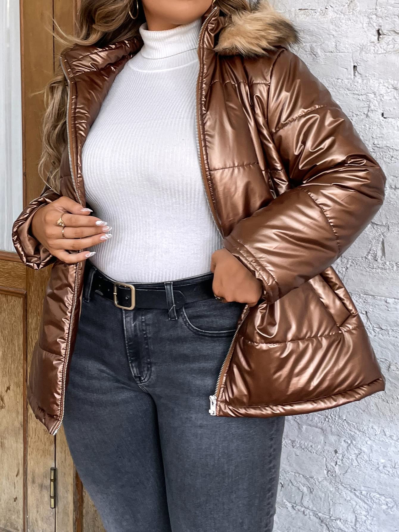 XIAOHESHOP Plus Fuzzy Trim Hooded Puffer Coat (Color : Coffee Brown, Size : X-Large)