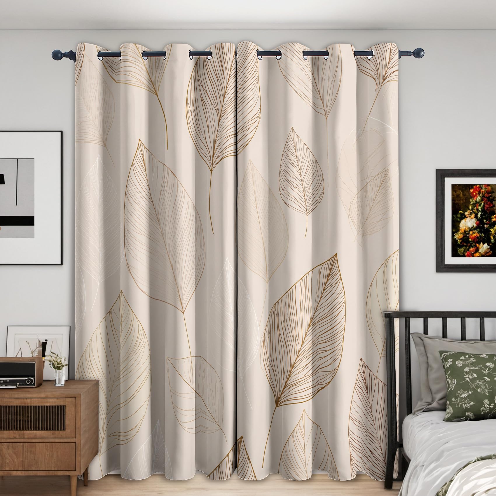Générique Rideau Occultant Feuille, 117 x 137 (LxH) 2 Pieces, Opaque 95%, Motif Feuilles Plante Beige, Rideaux Fenetre Thermiques à Oeillets, Decoration Maison Salon Chambre GCB166
