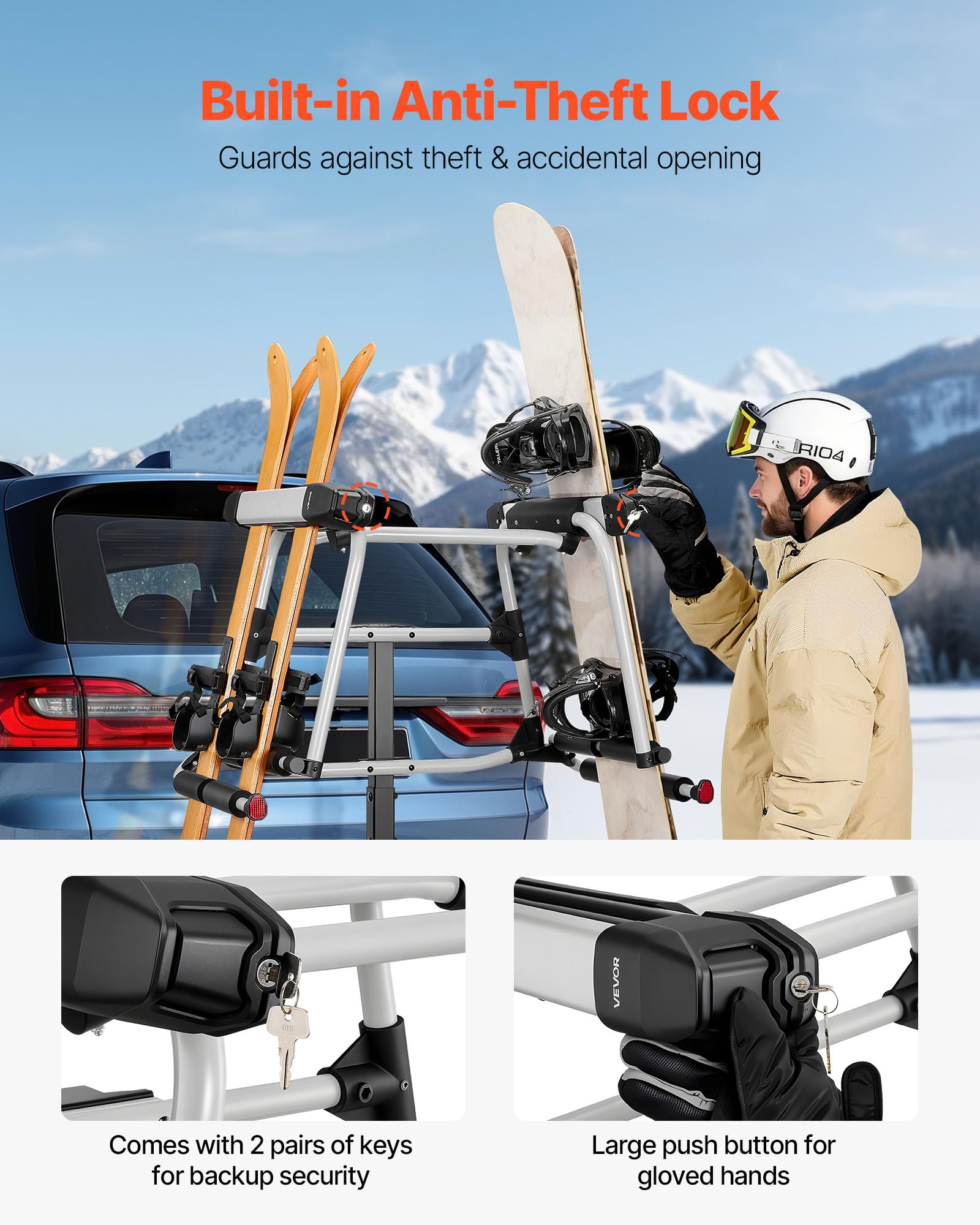 VEVOR Bagażnik dachowy na narty, snowboard, do 6 par nart/4 desek snowboardowych, zamykany bagażnik dachowy z gumową wyściółką i pasem bezpieczeństwa, uchwyt na narty, bagażnik na hak holowniczy