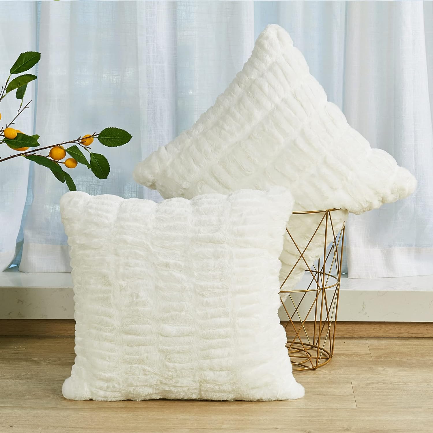 Ruched Faux Fur Euro Throw Pillow Covers with Micromink Back 2 Piece Set, Luxury Plush Soft Cushion Case Pillowcase for Couch Bed Car Bedroom Living Room, 26 x 26 Inches, Cream