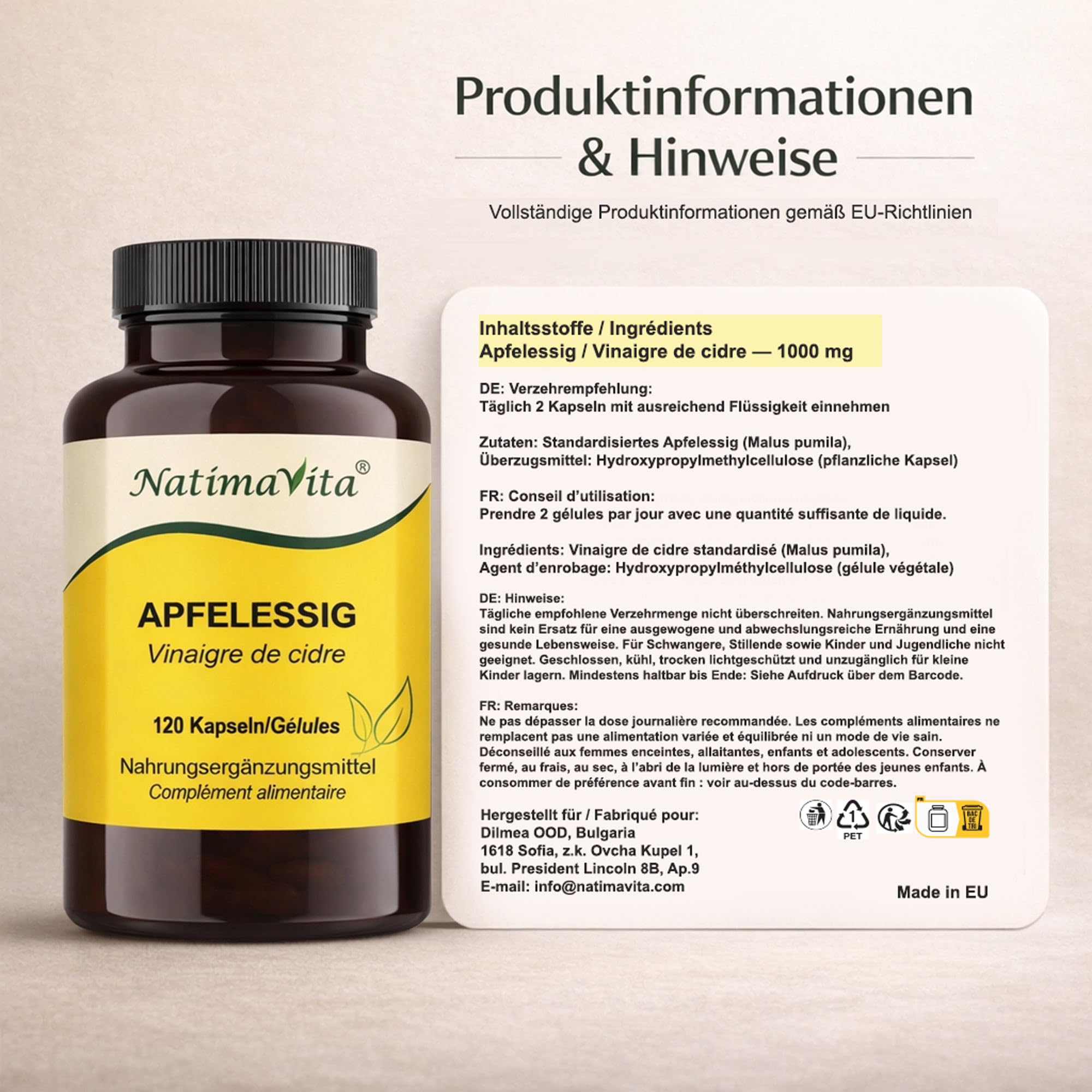Vinaigre de cidre de pomme en gélules - 1000 mg par jour - 2 x 120 capsules vegan - Soutient le métabolisme et l’élimination - Naturel et efficace