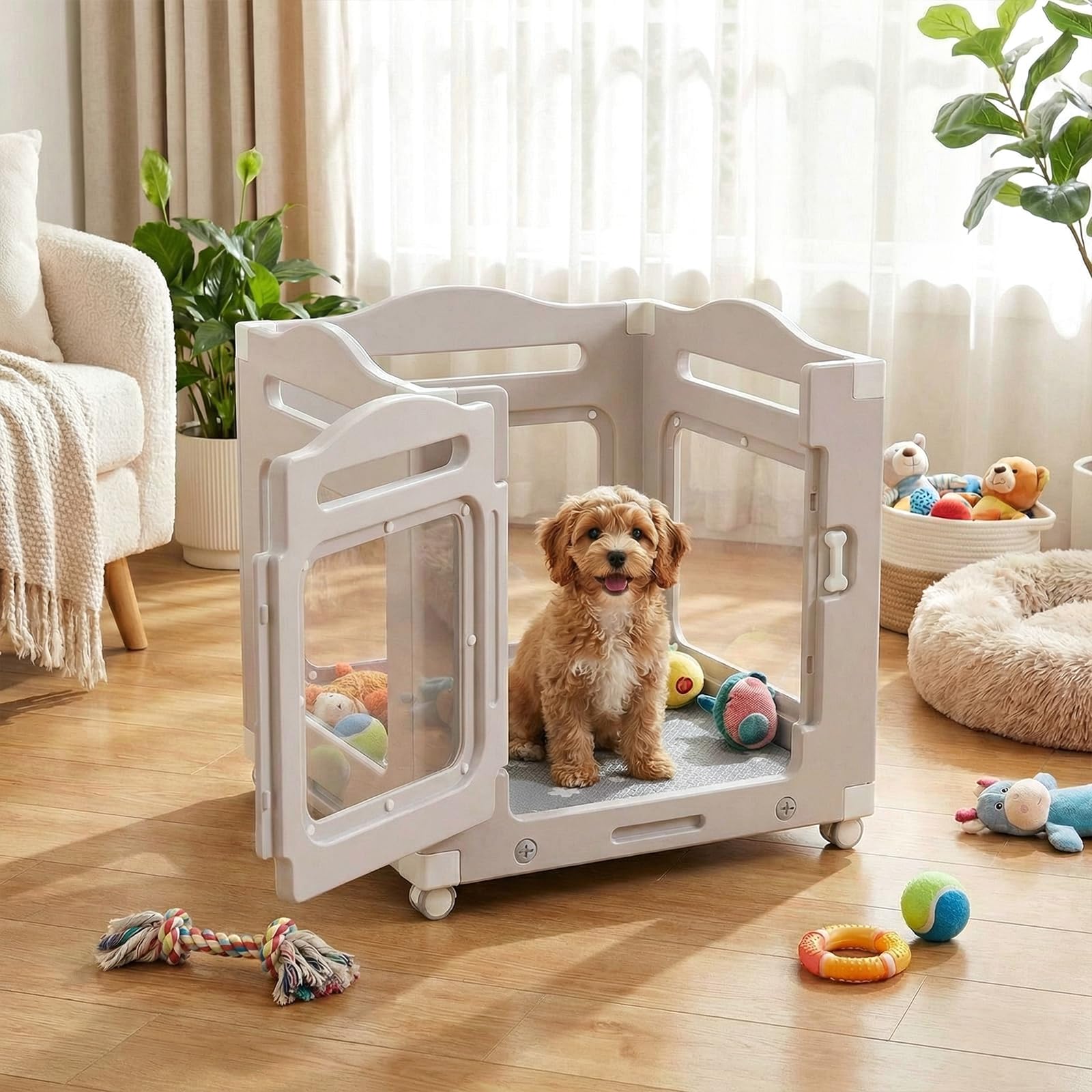 MAMIZO Parque para Perros Acrílico 63 × 68 cm, Recinto Perros con Ruedas | 3+1 PCS Paneles Caja de Parto para Animales con Alfombra Impermeable y Base, Gris Cálido