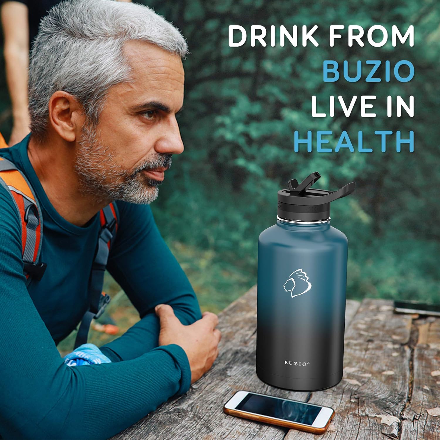 BUZIO Sports Water Bottle 64oz with Straw Lids, Half Gallon Vacuum Insulated Stainless Steel Water Flask Jug, Modern Double Walled Simple Thermo Mug, Hot Cold Standard Hydro Metal Canteen, Blue Black : Sports & Outdoors