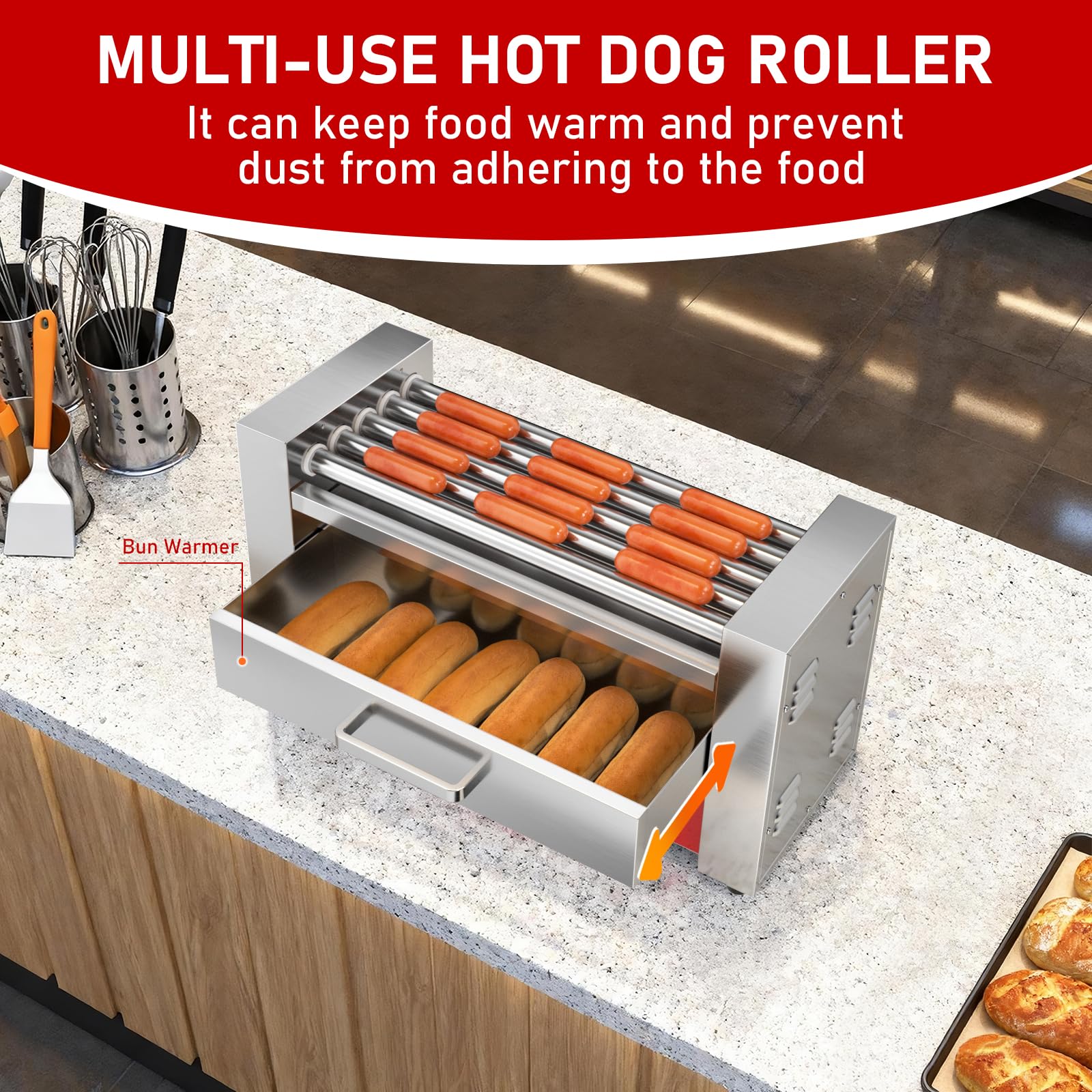 CROSSON Macchina Hot Dog Professionale 5 Rouley con Cassetta Riscaldante per Panini,12 Hotdogs Rullo Elettrico per Hot Dog con Controllo della Temperatura,1050W