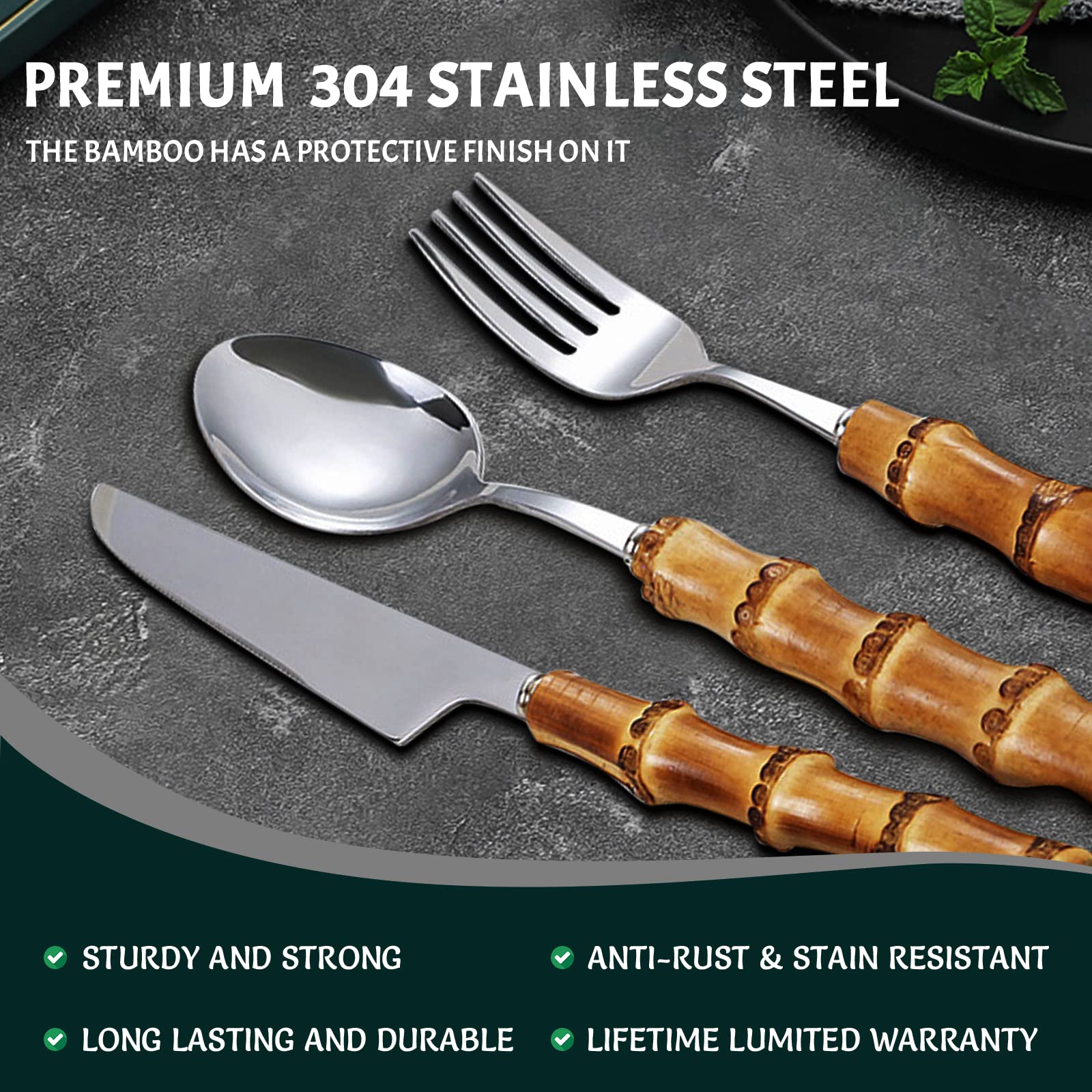 Juego de cubiertos de acero inoxidable de 60 piezas, juego de cubiertos para utensilios de cocina para el hogar para 12, juegos de cubiertos con mango de bambú, aptos para lavavajillas (60 piezas)