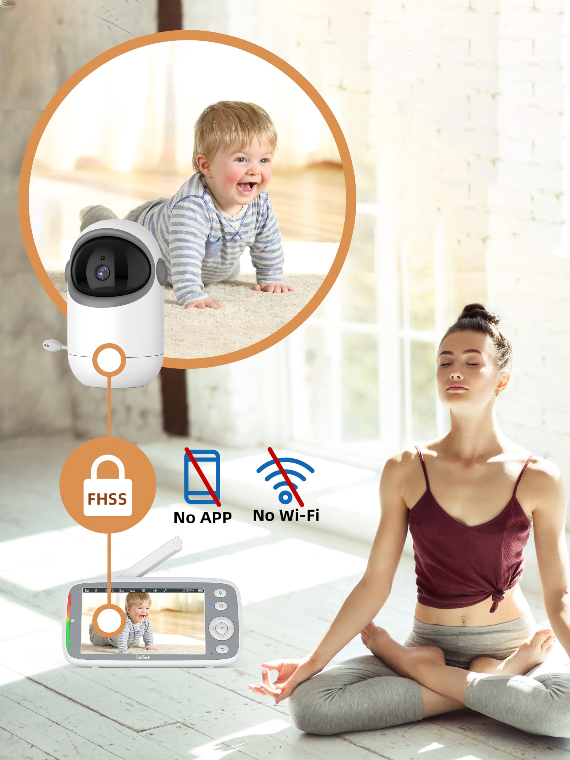 TakTark Camara Vigilancia Bebe, 5" IPS 720P Vigilabebes con Camara Rotación 300°, Vigila Bebes con Cámara Inalámbrico Monitor con Visión Nocturna, VOX, Comunicación Bidireccional, Sin WiFi Sin App