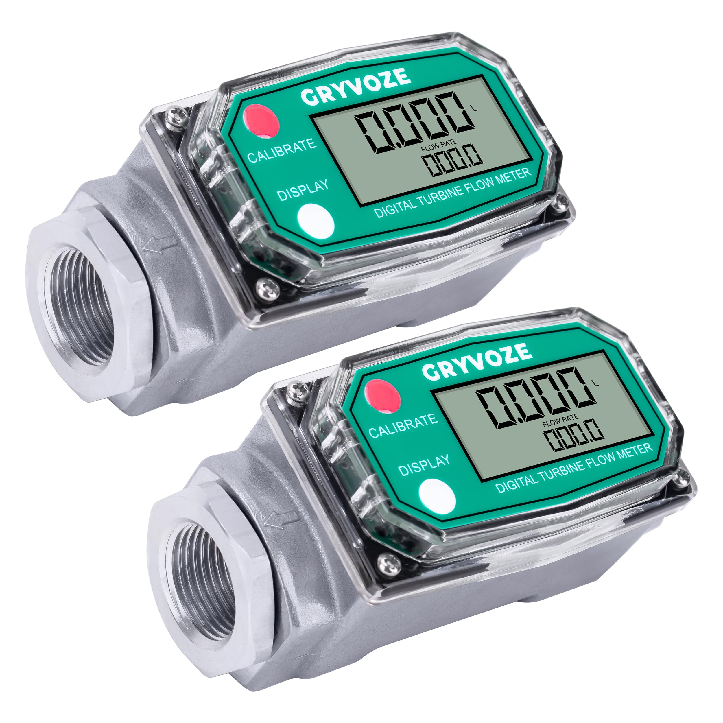 2 PCS 1 Inch Digital Turbine Fuel Flow Meter, 2.6-26 GPM Inline NPT Flowmeter with 3/4 in Adapters for Water, Diesel, Gas Oil, Gasoline, and Other Liquids - Supports Gallon, QTS, PTS, L, m³