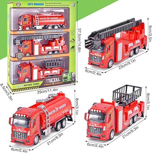 Miniatura 6 de Lorfancy Paquete de 3 camiones de bomberos de juguete para niños pequeños de 3, 4, 5, 6 años de edad, para niños, modelo de metal, camiones de