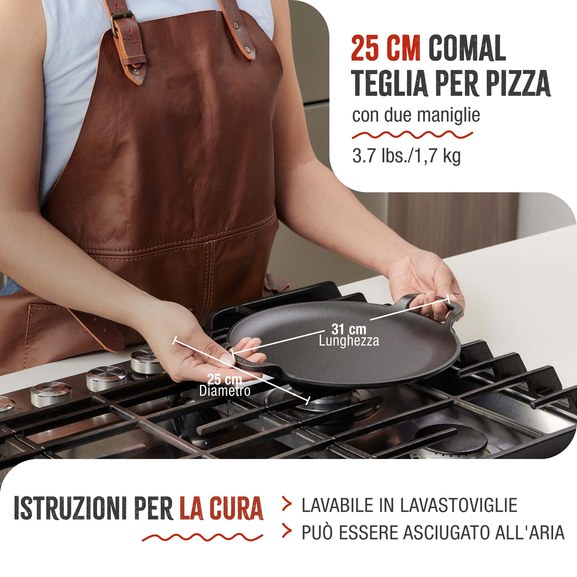 Victoria Teglia per Pizza Ghisa Smaltata, Induzione Piastra per Grigliare 25cm con Manici per Fuoco, Barbecue, Forno, Vetroceramica, Gas, Comal Priva di Sostanze Tossiche e senza PTFE