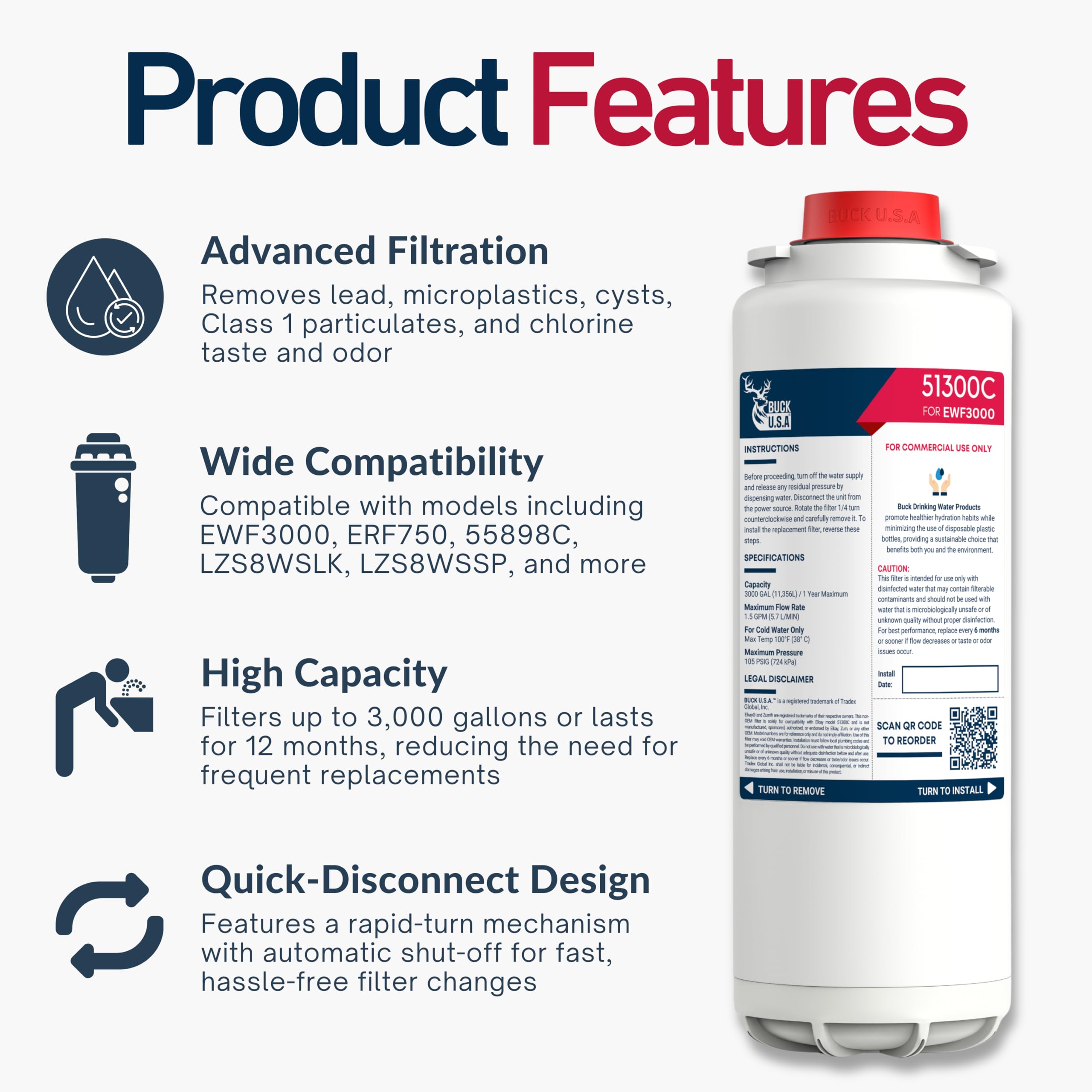 3 Pack Buck 51300C Replacement Filter for EWF3000 Compatible with Elkay ezH2O Bottle Filling Stations 3000 Gallons 12 — view 2