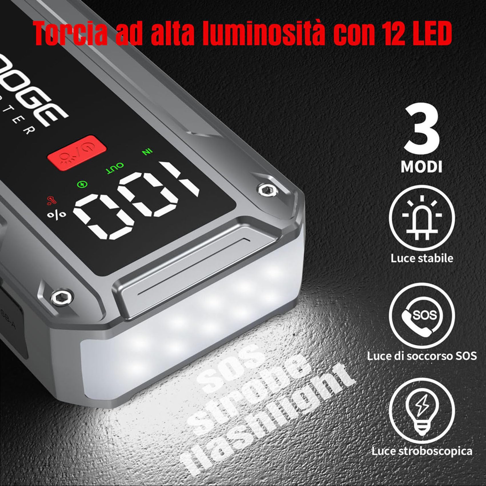 Avviatore Batteria Auto 26800mAh 6000A (Fino a ALL Gas/10 L Diesel), 12V Starter Batteria Auto Con Pulsante Di Avvio Forzato E Uscita USB, Ampio Display Lcd, Luce Da 600 Lumen