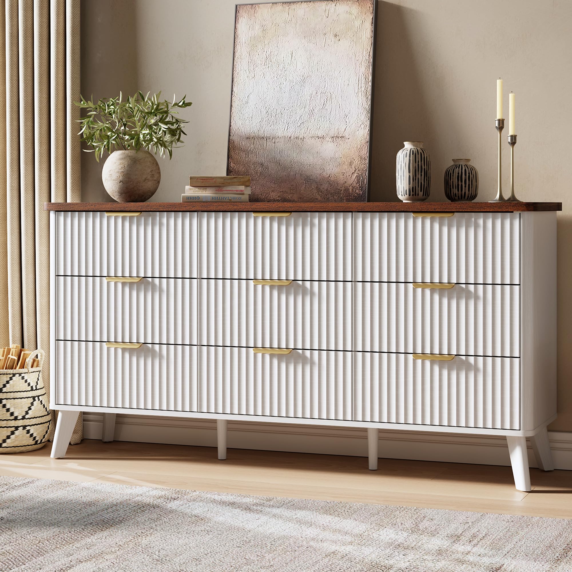 Photo 1 of ***DAMAGED- MISSING PIECES -SELLING AS PARTS ONLY*** GarveeHome Fluted Dresser for Bedroom with 9 Deep Drawers, 60.6 in Wide Modern Chest of Drawers, Wooden Dresser TV Stand, Curved Profile Design, for Living Room, Kids Room, Hallway, White ***SOME SCUFF