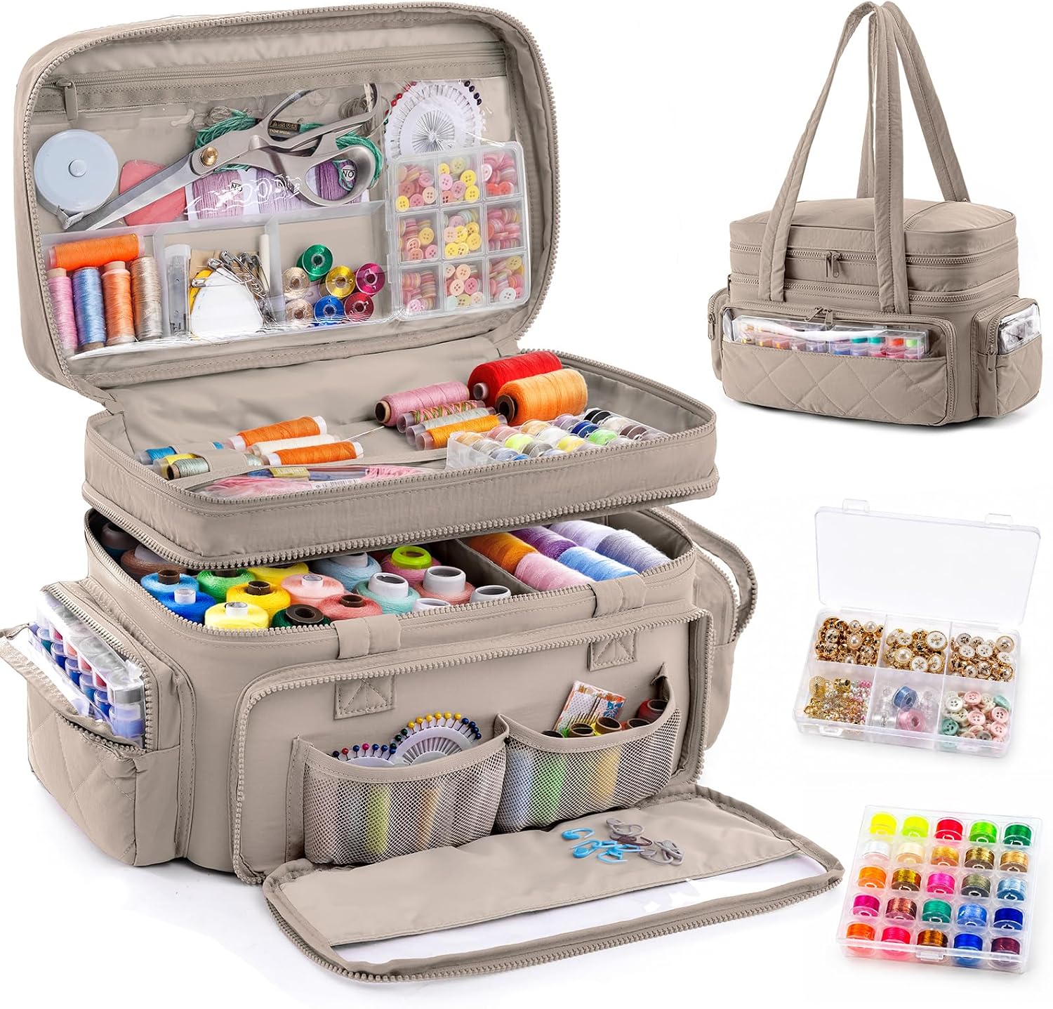AMOIGEE Puffy Double-Layer Sewing Storage Bag with 2 Clear Organizer Boxes