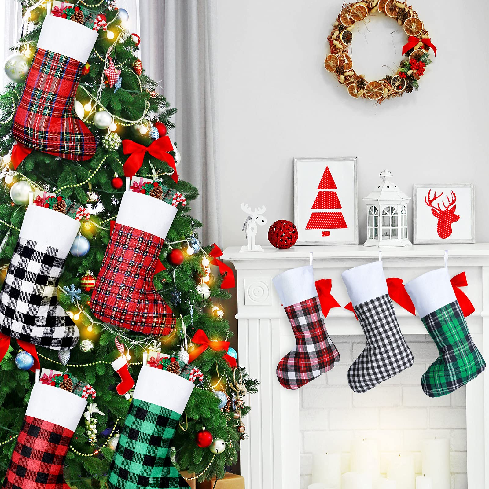 Tatuo Lot de 8 chaussettes de Noël à suspendre en tissu à motif écossais pour cheminée, animal domestique, décoration de Noël pour famille, fête de Noël (25,4 x 44,5 cm)