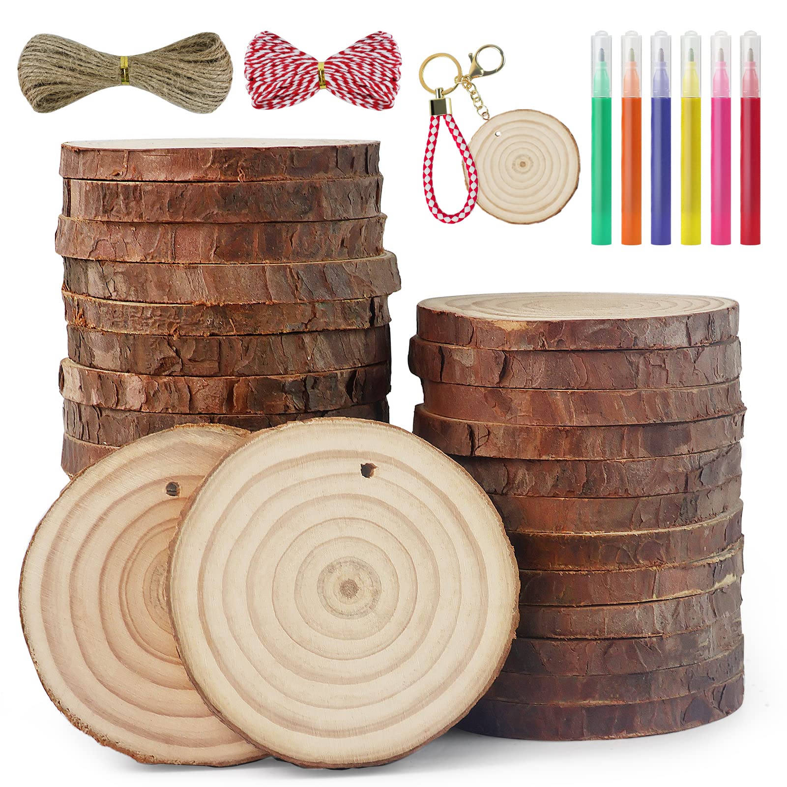 30 Pieces Unfinished Wood Slices, GOH DODD 3.5-4 Inch Craft Wood Kit Wood Coasters Wooden Circles Wood Rounds Wood Discs with Tree Bark for Arts Wedding Christmas Ornaments Decoration DIY Projects