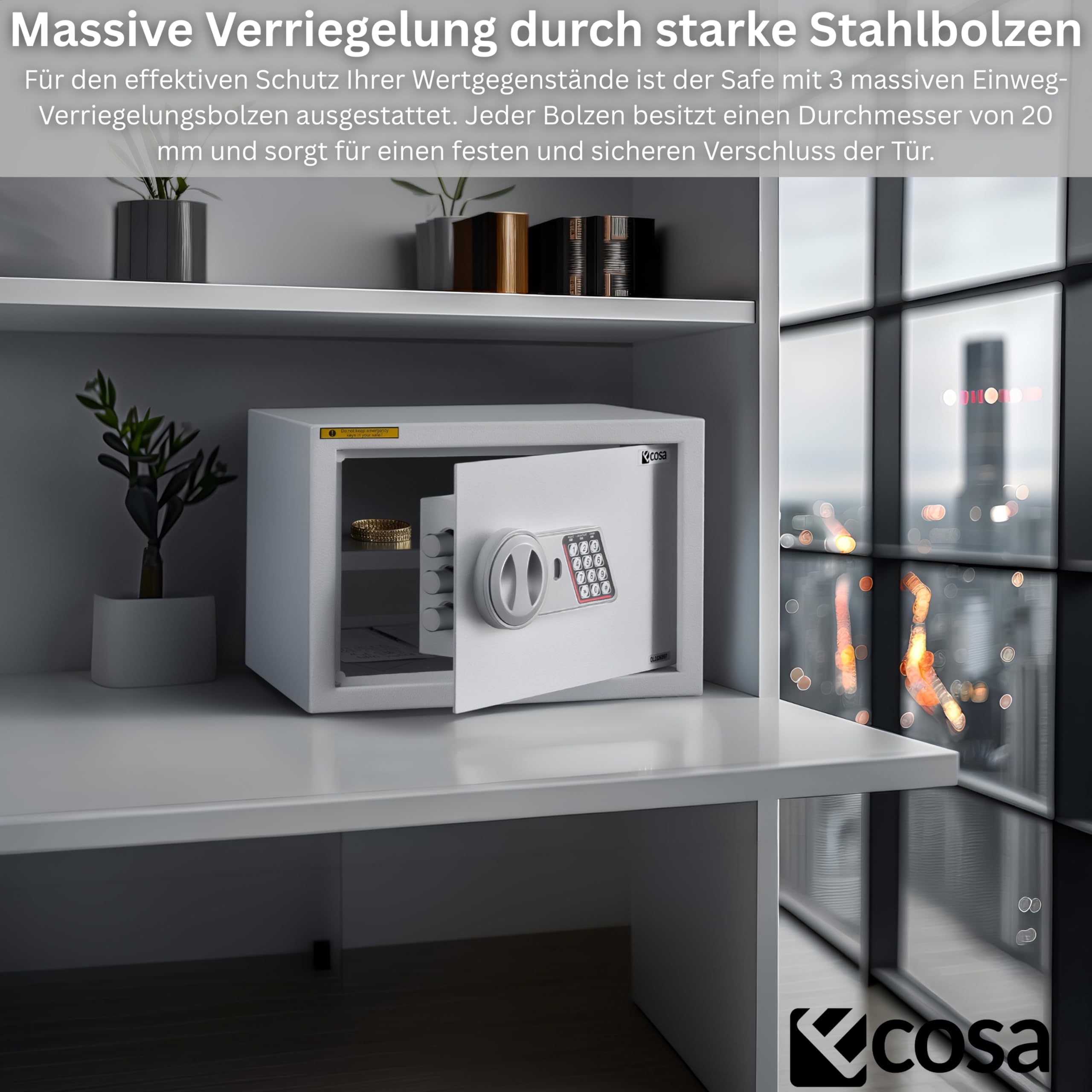 Ecosa Elektroniczny sejf 35 x 25 x 25 cm – sejf meblowy i sejf ścienny z kodem numerycznym i kluczem, sejf hotelowy do domu, 3-krotna, bardzo gruba podwójna blokada bolca, ognioodporny, wodoszczelny