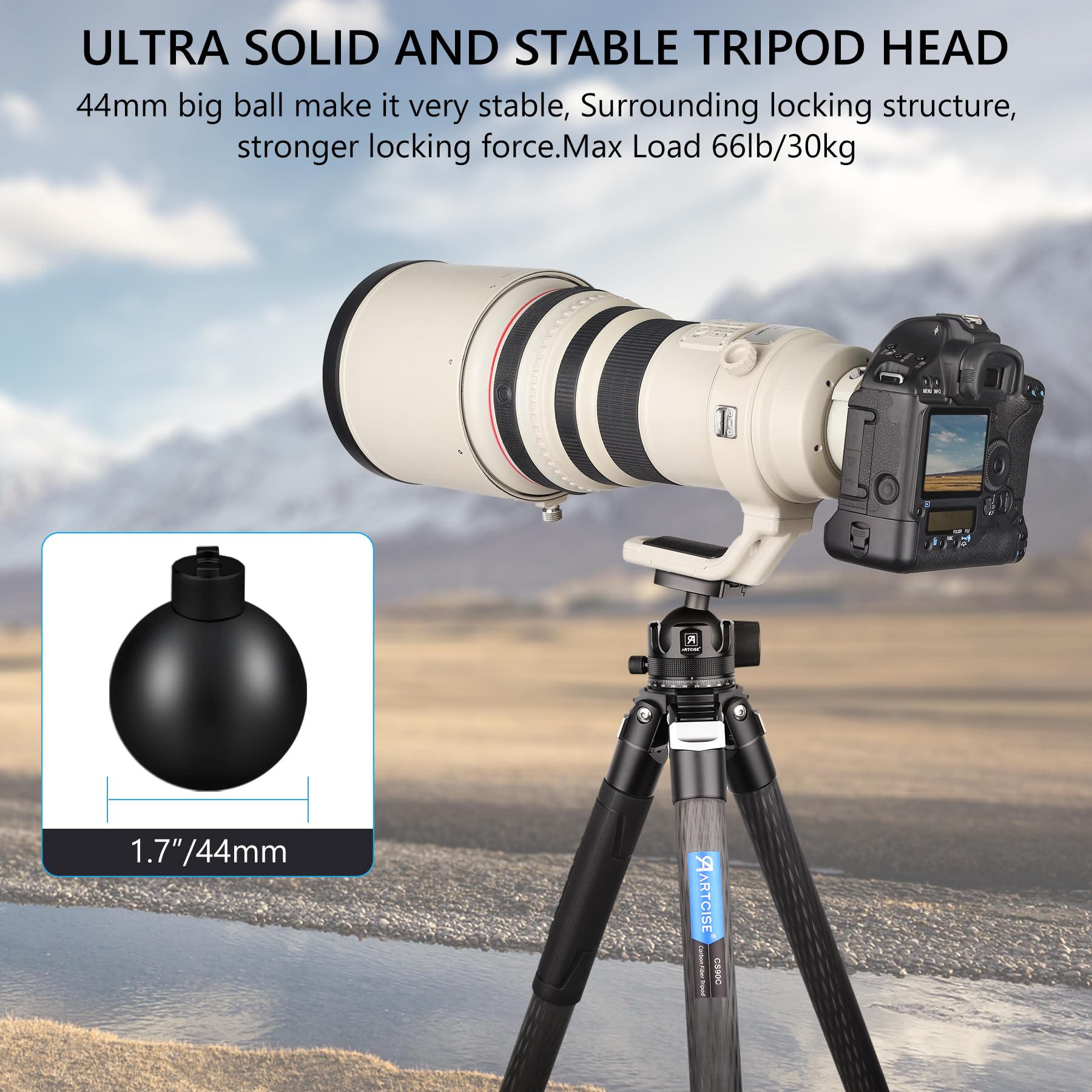 ARTCISE KB44 - Testa a sfera panoramica a basso profilo per treppiede, 44 mm, in metallo CNC, carico massimo 30 kg, due piastre Arca Swiss a sgancio rapido per fotocamera DSLR telescopio monopiede