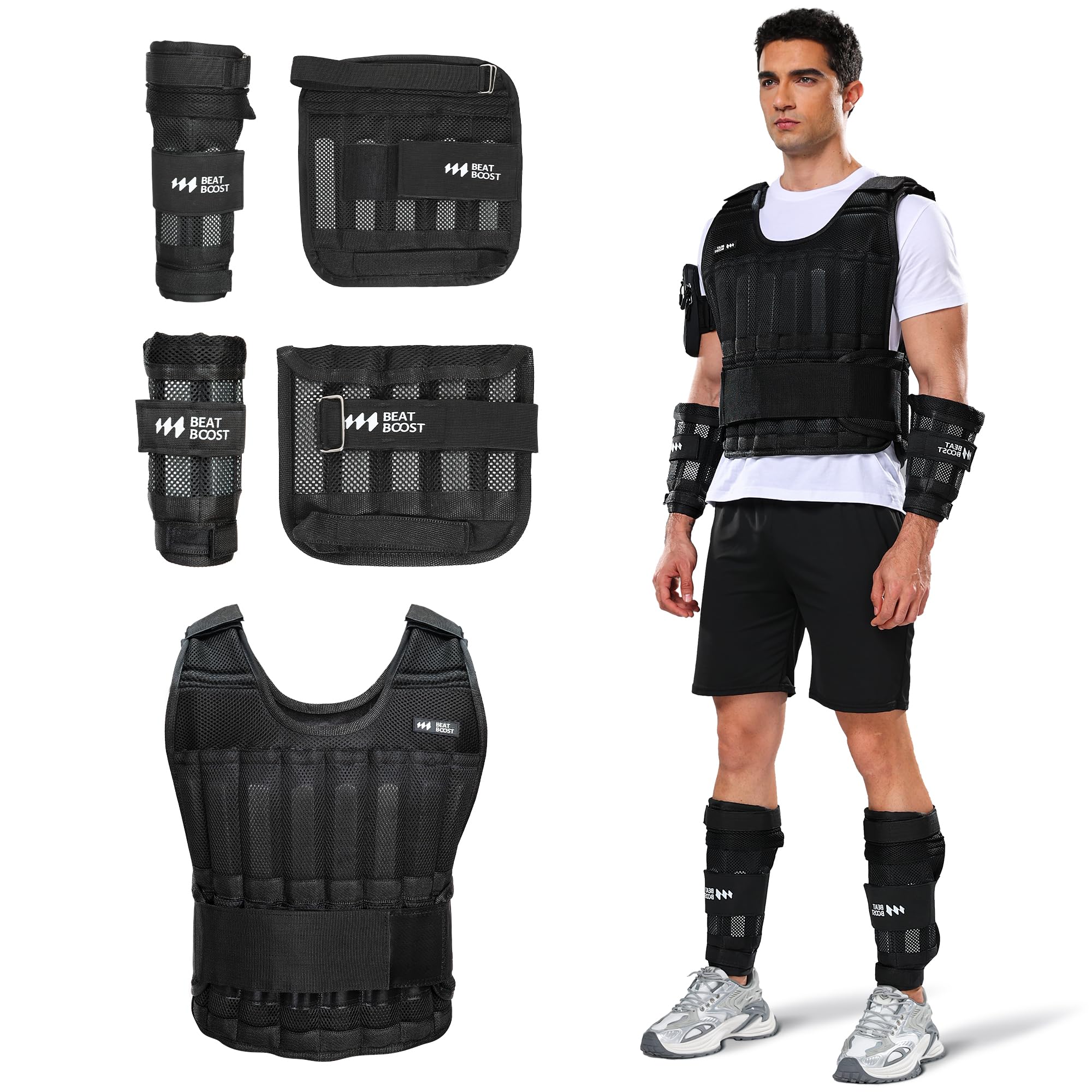 Adjustable 55 lb Weighted Vest Set with Ankle Weights for Men Women BeatBoost Weight Vest Kit for Walking
