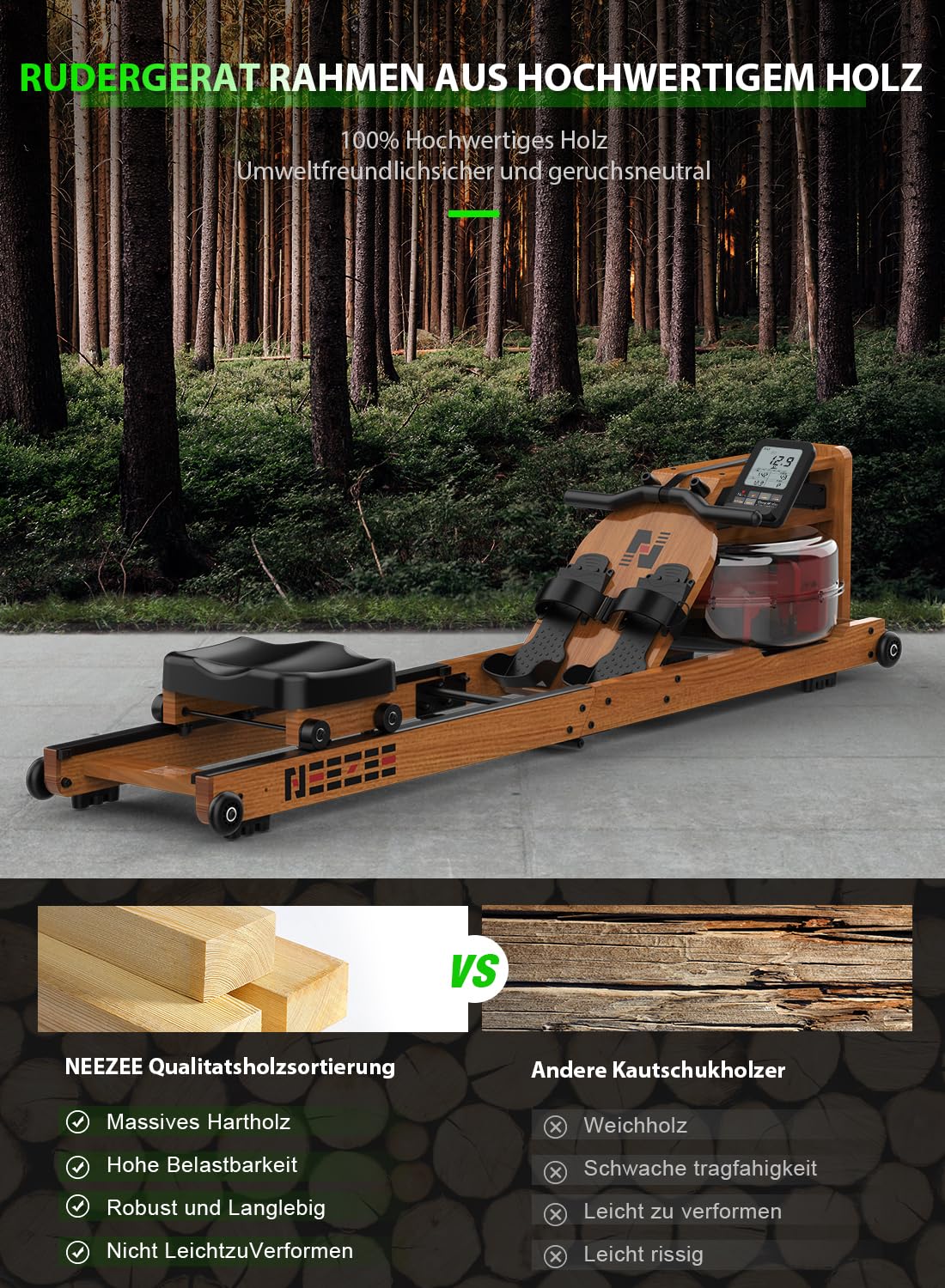 Neezee Wasser Rudergerät für Zuhause, Klappbar Rudergeräte aus Massivholz, Rudermaschine mit Bluetooth Anzeige und Tablet-Halterung, Max 200kg Belastbar, Kompatibel mit Kinomap APP