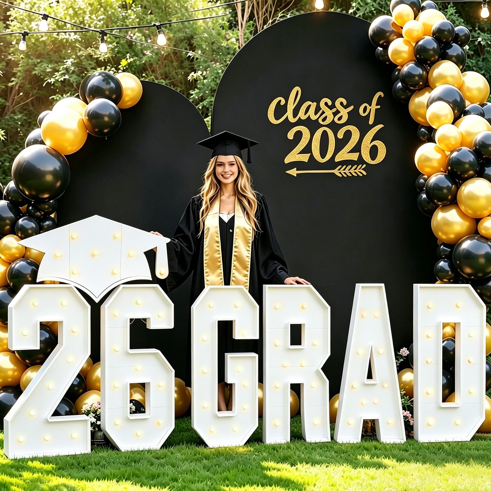 Photo 1 of Zealor 2026 Graduation Decorations 3FT Large GRAD Marquee Letters with Class of 2026 Marquee Number & Light Up Graduation Cap Yard Sign for Senior Masters School College Grad Party Backdrop Photo Prop