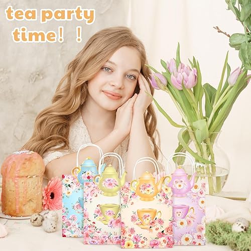 Miniatura 7 de Lincia Paquete de 24 bolsas de regalo de fiesta de té, decoraciones de fiesta de té, regalo floral, bolsas de golosinas con asas para cumpleaños,