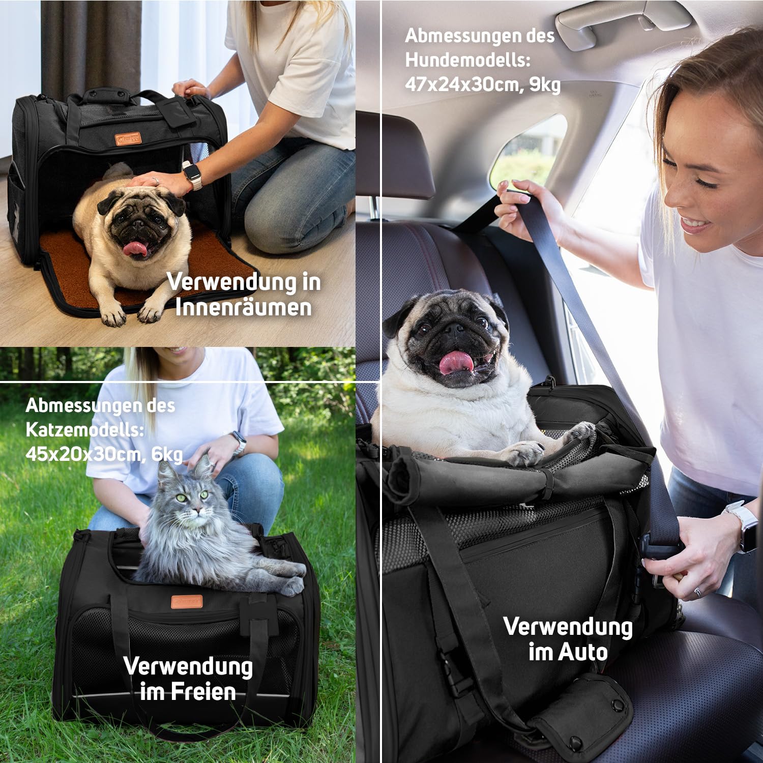 PETPROVED Transportbox Katze Hund Hundetasche für Kleine Hunde Katzentransportbox Katzen Transportboxen Hundetragetasche Tragetasche Hund Katzentasche Katzenbox Katzenkorb Transport (L Schwarz)