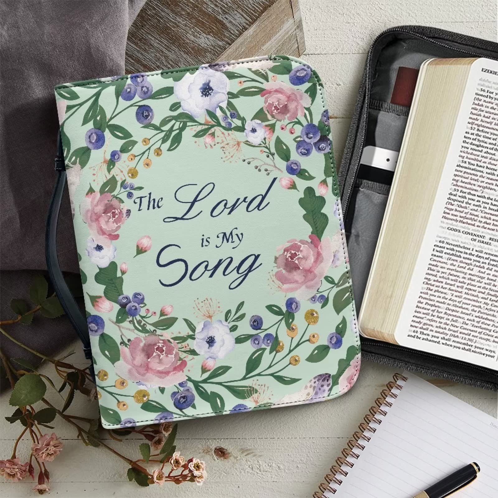 Custodia per Bibbia verde con manico, The God is My Song, custodia per penne in pelle PU impermeabile multifunzionale durevole custodia per Bibbia borse per Bibbia, M