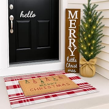 Christmas Door Mat Combo Set - 100% Coco Coir Welcome Mat + 28 x 43 Inch Red and White Diagonal Plaid Rug, Holiday New Year Christmas Collection Decorative Doormat for Front Porch Entryway Decor