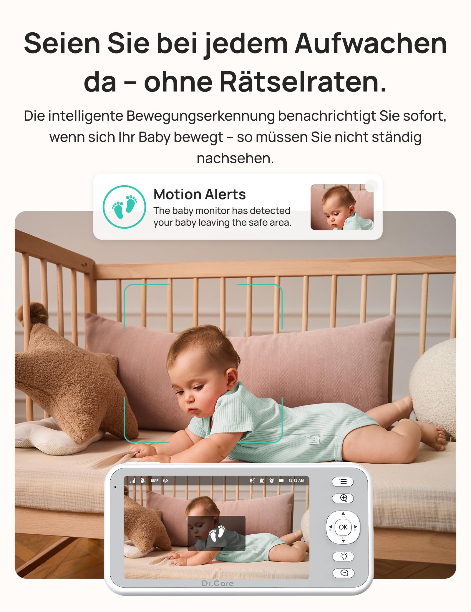 Dr.Care LumiView Babyphone Kamera mit Clip – WiFi Display 5 Zoll 2K FHD, App-Steuerung, Datenschutzmodus, 5000 mAh Akku, Geräusch-/Bewegungsmeldung, HD-Nachtsicht, RGB-Licht