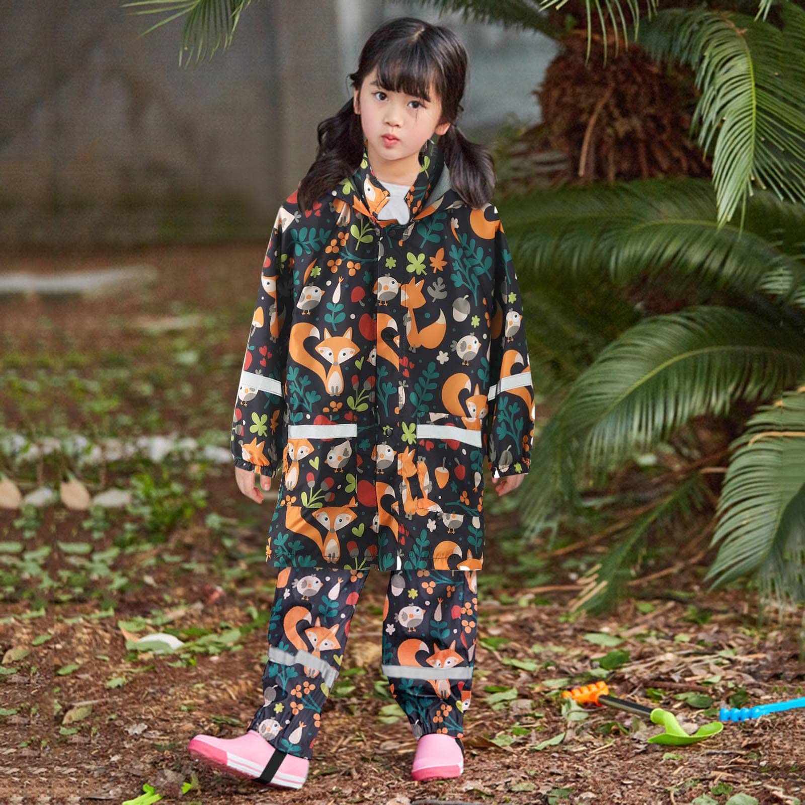 Boys Girls Rain Suit Water-Proof Rain Coat Rain Jacket and Pants Toddler Outfits Kids Hoodie Cartoon (Black, 4-5 Years)