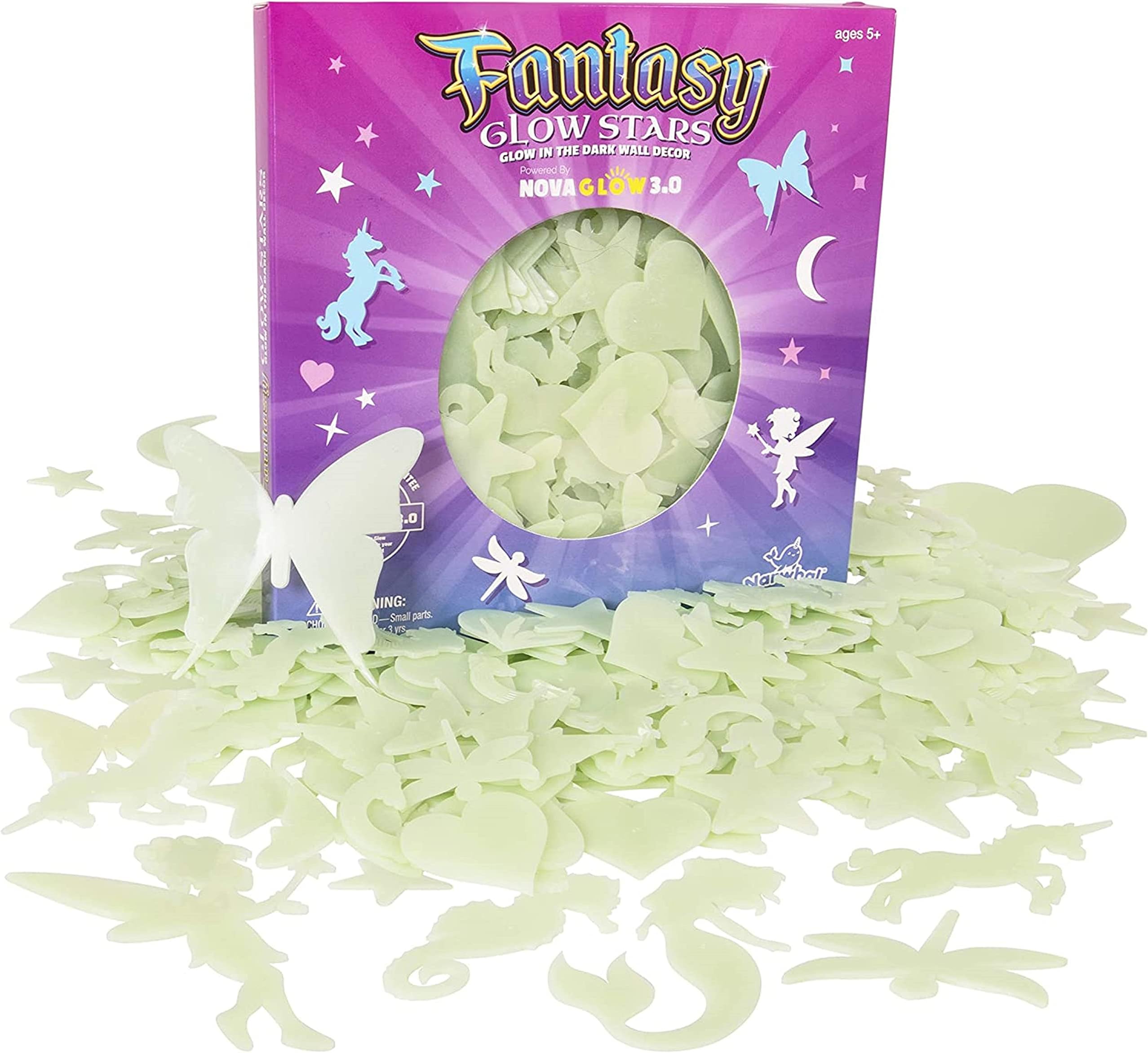 Fantasy Glow Stars, 200-Count Glow in The Dark Stars for Girls with Bonus Hearts, Moon, Unicorns, Dragonflies, Sea Horses, Butterflies, Rainbow Clouds, Princesses and Mermaids
