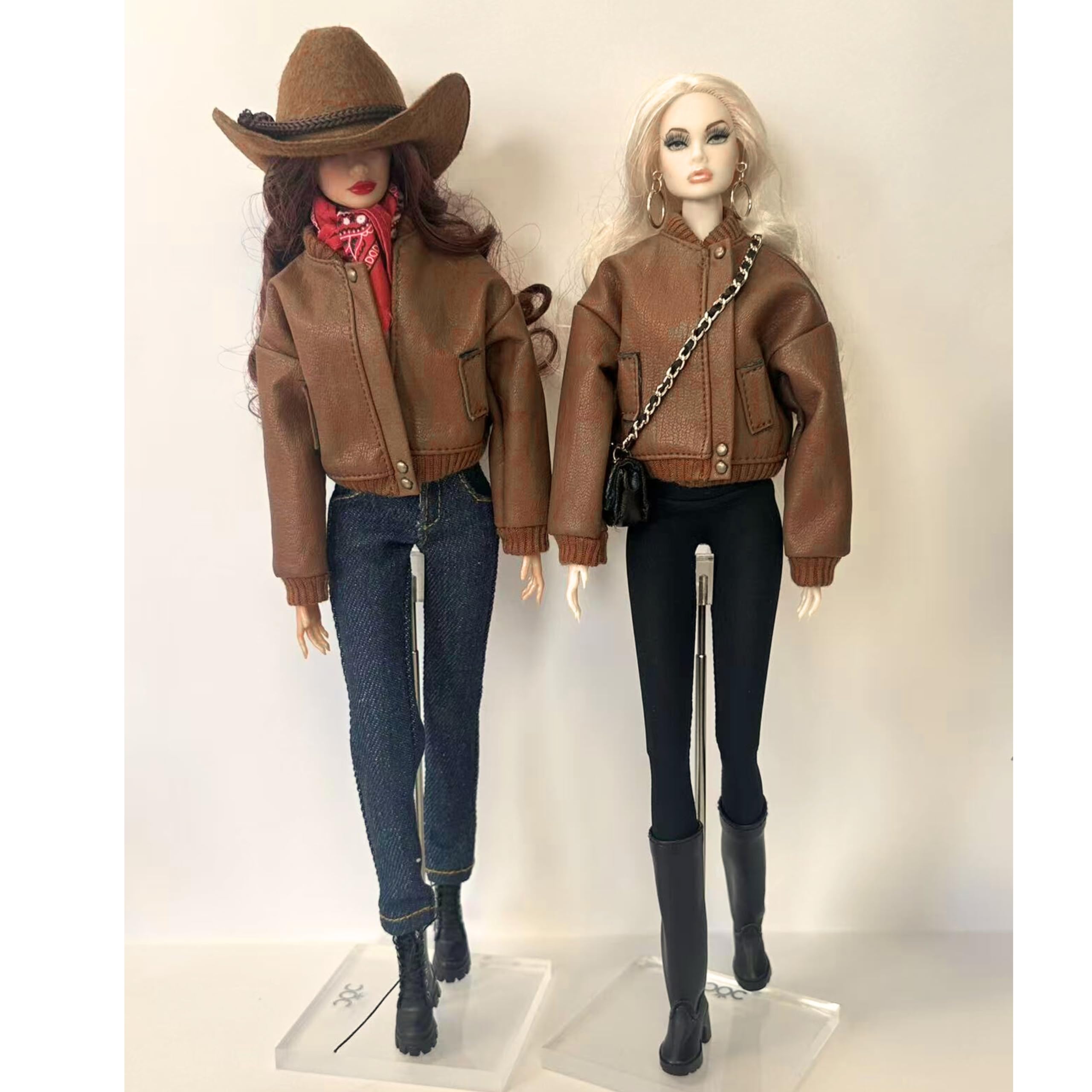 Conjunto de ropa de muñeca de moda, chaqueta de bombardero con botas de combate y bolsa de cadena, para muñecas de 11.5 a 12 pulgadas, BJD 1/6 (chaqueta bomber marrón)