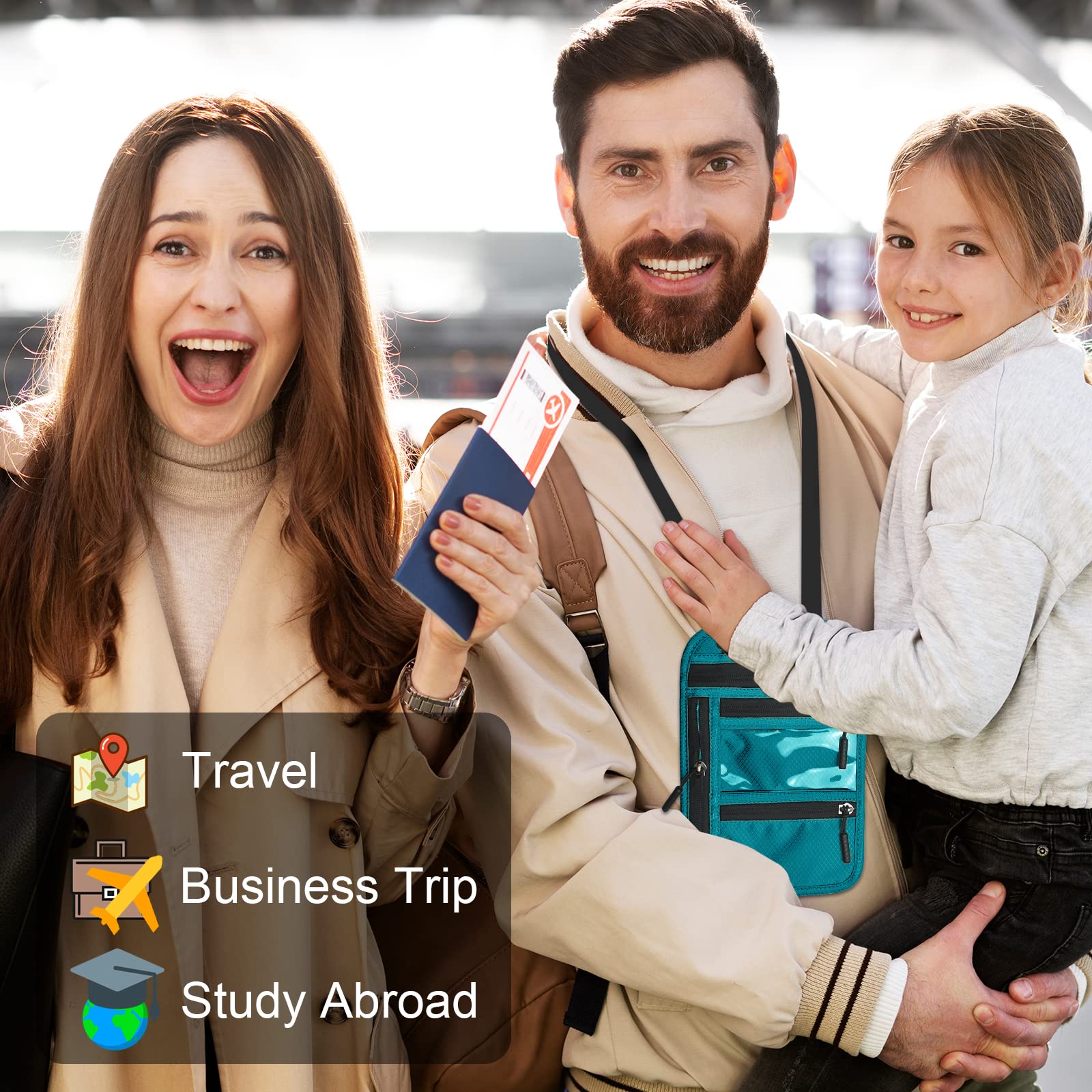 Pochette Tour de Cou Voyage Bloqueur RFID Sac de Passeport pour Femme Homme Imperméable Porte-Passeport avec Bandoulière Réglable Portefeuille pour Argent Cartes Clés Éléphone Documents, Bleu