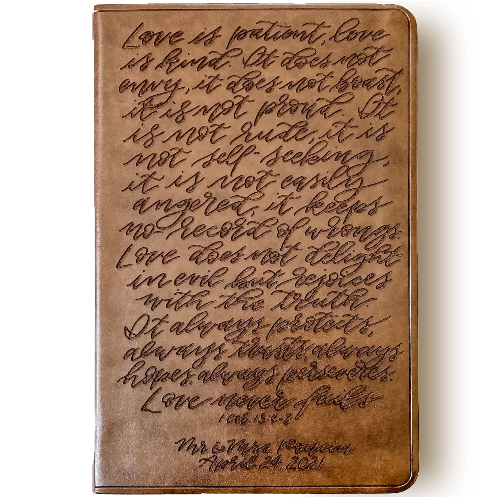 Hand Lettered and Laser Engraved ESV Bible, Large Print, 1 Corinthians 13:4-8 Hand-Lettered on Cover, Brown Trutone Leather Cover, Personalized Gift, Custom Name Engraving Available