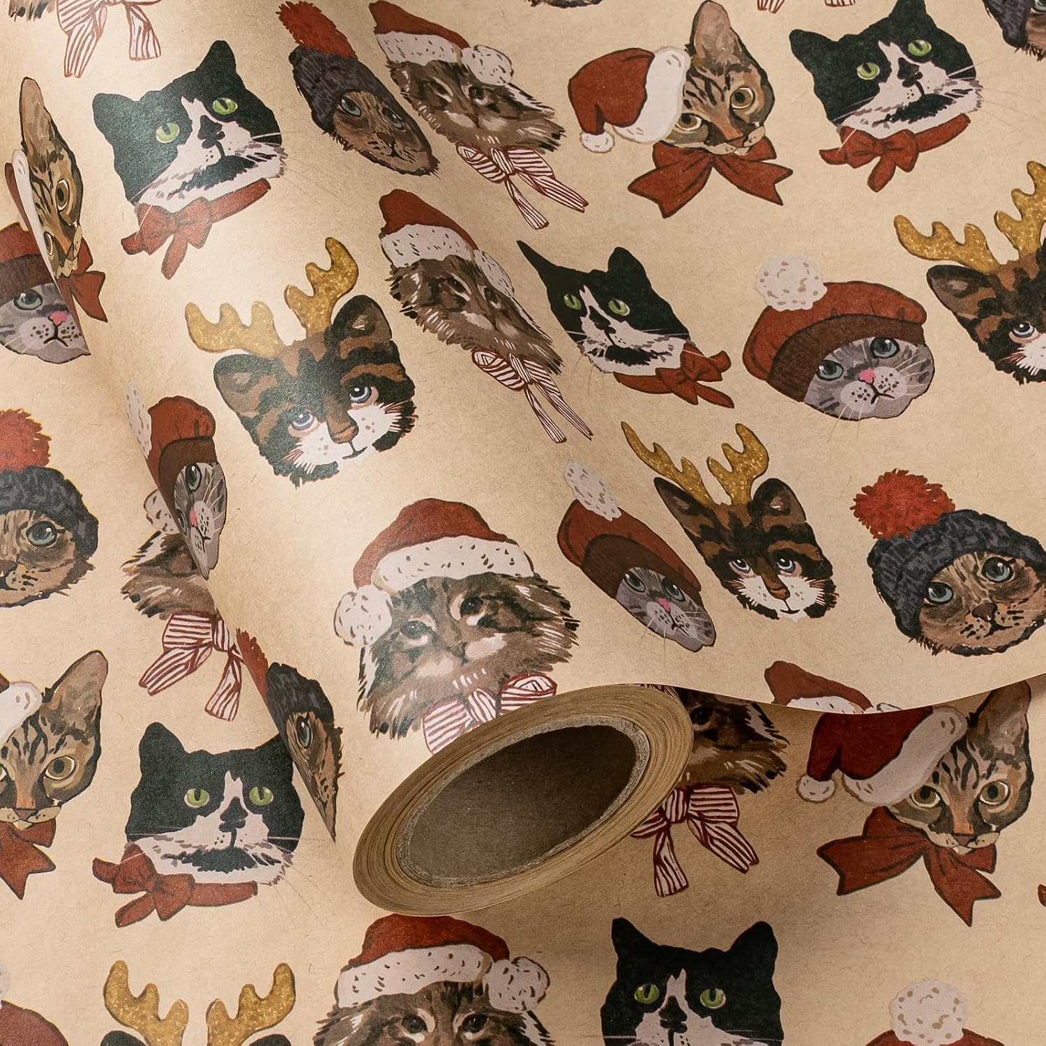 WRAPAHOLIC Kraft Cat Christmas Wrapping Paper - Mini Roll - 17 Inch x 16.5 Feet - Cute Dressed Holiday Pets Cat Wrapping Paper for Pet Lover, Kid Gifts, Christmas Holiday, Winter Season image 2