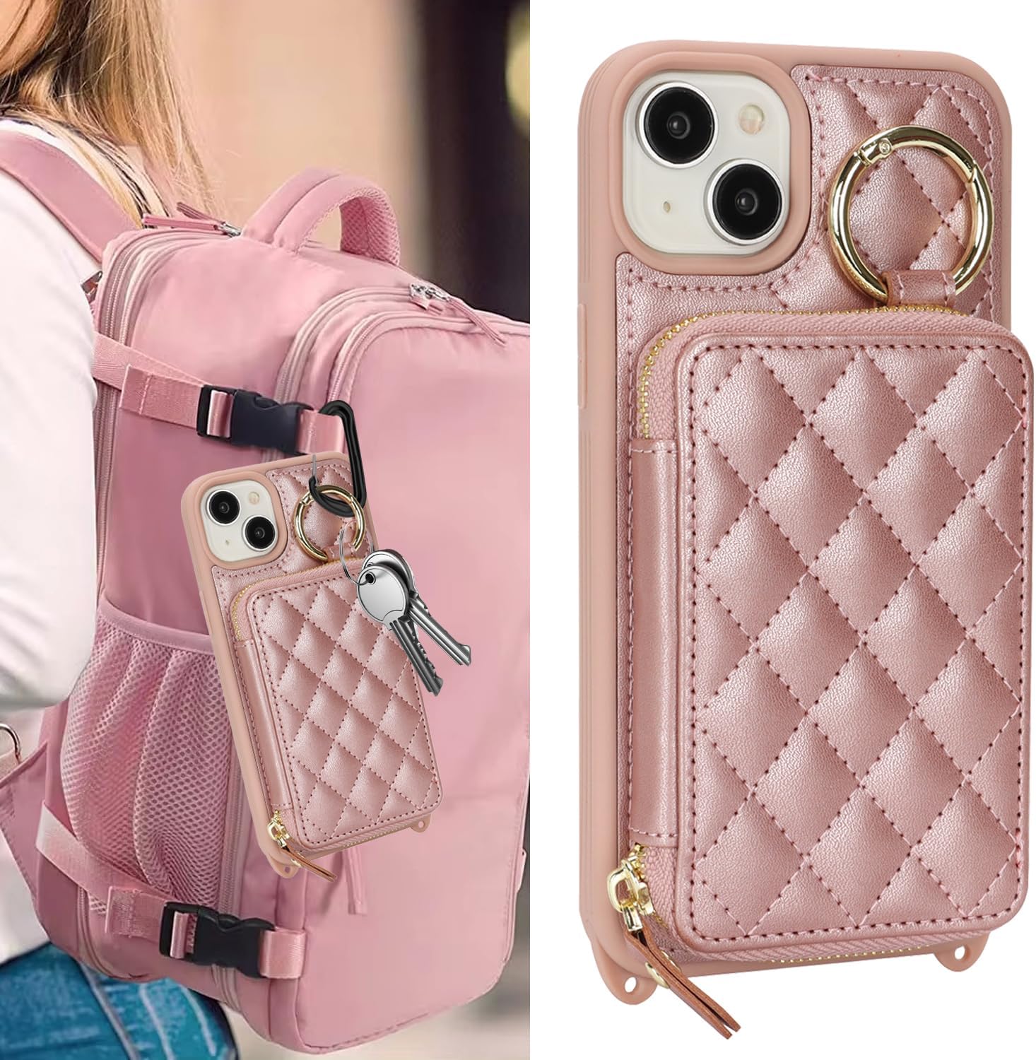 Crossbody Wallet Case for iPhone 14, PU Leather Zipper Handbag Purse Flip Cover, Kickstand Folio Case with Card Slots Holder Wrist Strap Lanyard 5G 6.1 Inch-Rose Gold - Image 3