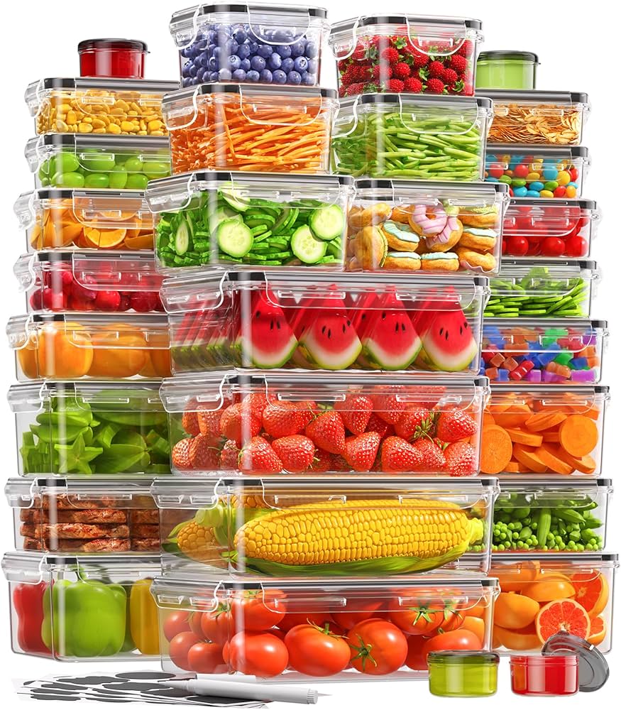 60 PCS Food Storage Containers with Lids(30 Containers & 30 Lids), BPA-Free Plastic Food Containers for Kitchen Storage, Leak Proof, Reusable Meal Prep Containers with Labels & Pen