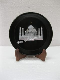 Mughal Art - Plato para servir con incrustaciones de arte | Plato de mármol de estilo antiguo para decoración de mesa de comedor | Plato decorativo y de regalo de mármol negro de 6 pulgadas con