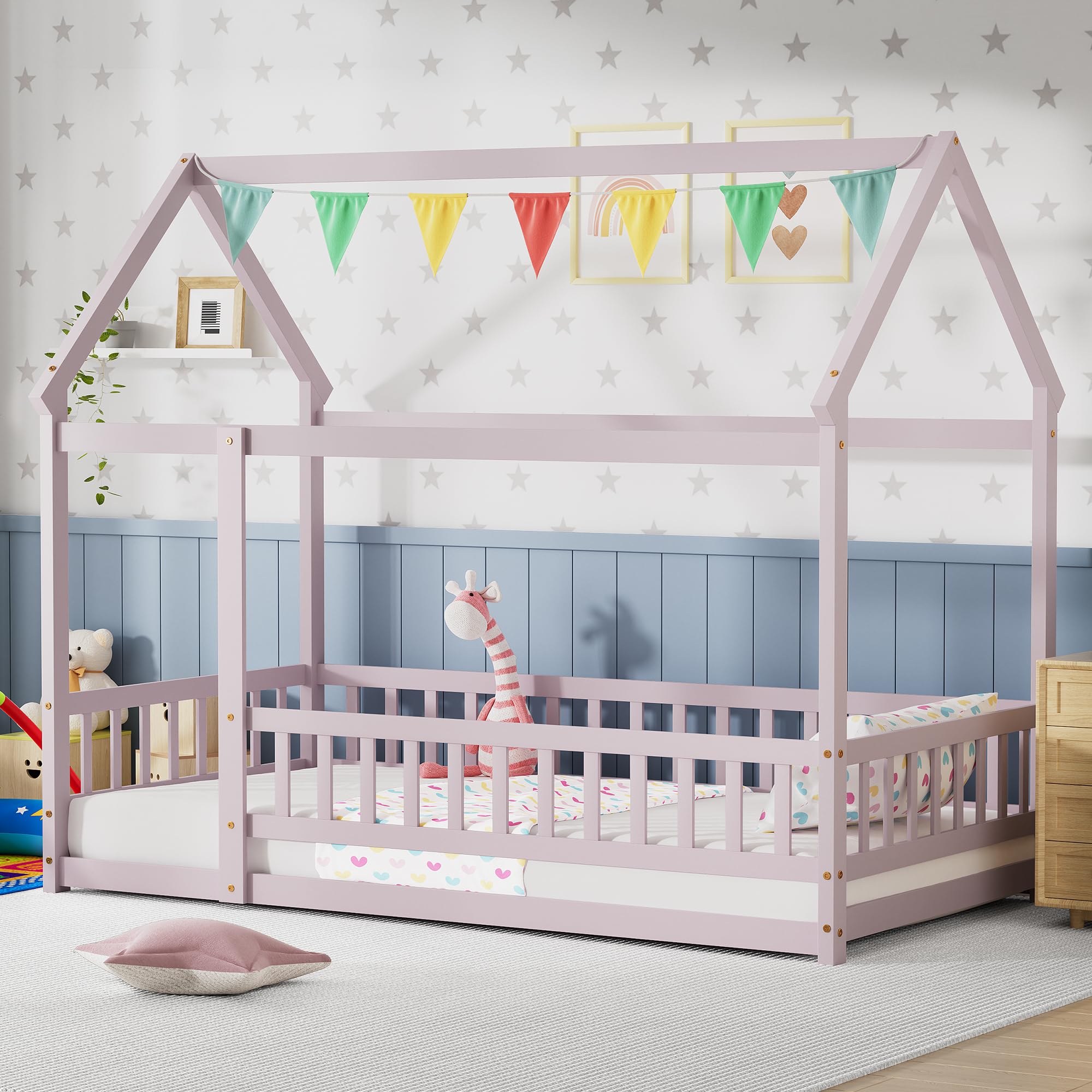Photo 1 of **Sold as is no refund/return** PVWIIK Twin Size Montessori Bed with Roof for Boys Girls Bedroom,Twin Size Floor Wooden Bed Frame,Easy Assemble,No Box Spring Needed, Pink