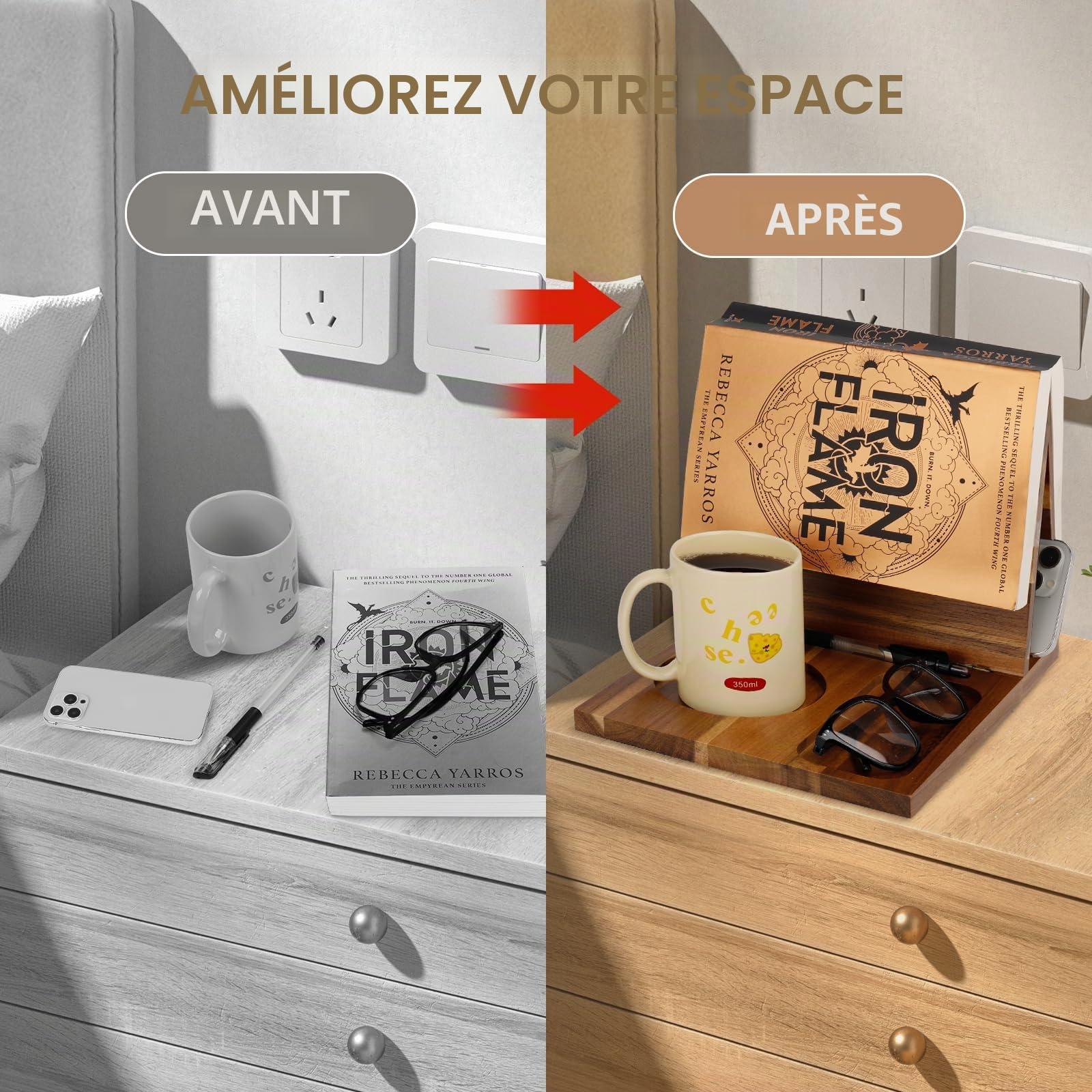 Support de livre en bois pour repose-page, valet de lecture unique avec tasse, lunettes et porte-stylo, idée cadeau pour les amateurs de livres